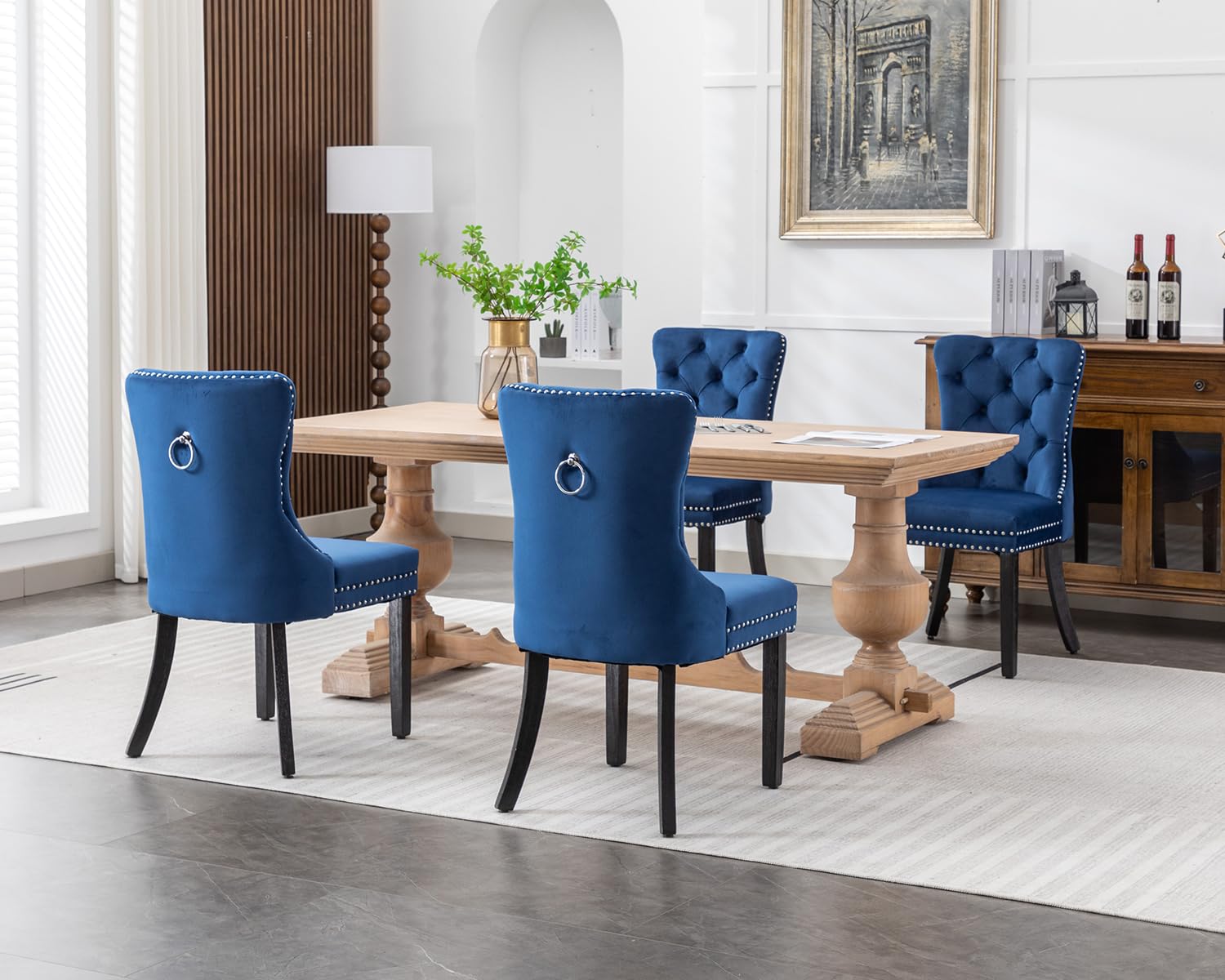 KCC Velvet Dining Chairs Set of 4 - Upholstered Tufted Modern Dining Room Chairs with Nailhead Trim & Solid Wood Legs, Nikki Collection in Elegant Blue - Perfect for Kitchen, Dining Room, Restaurant or Home Decor