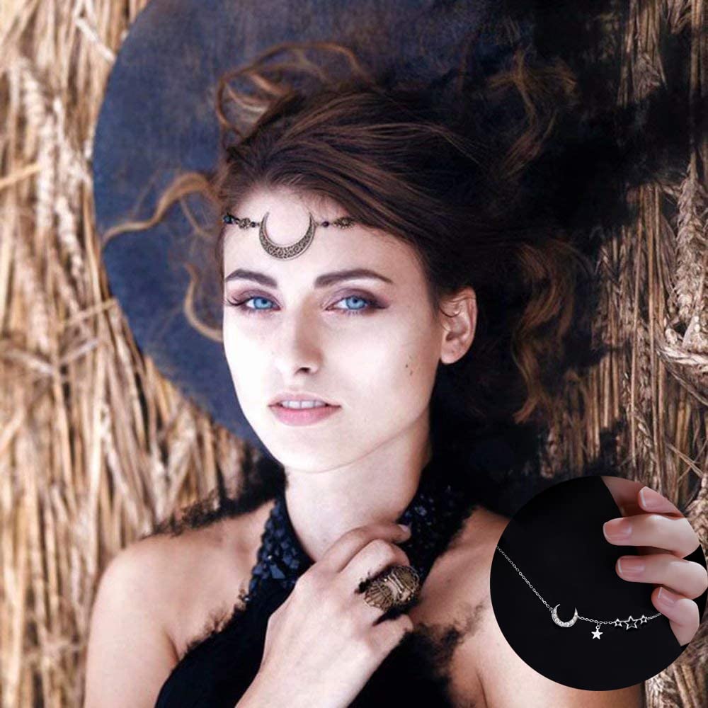 2pcs Moon Headband & Star Bracelet Set - Witch Headpiece, Fairy Crown Hair Chain for Women - Perfect for Halloween Costume, Cosplay, and Festival Accessories - Comes with Gift Box