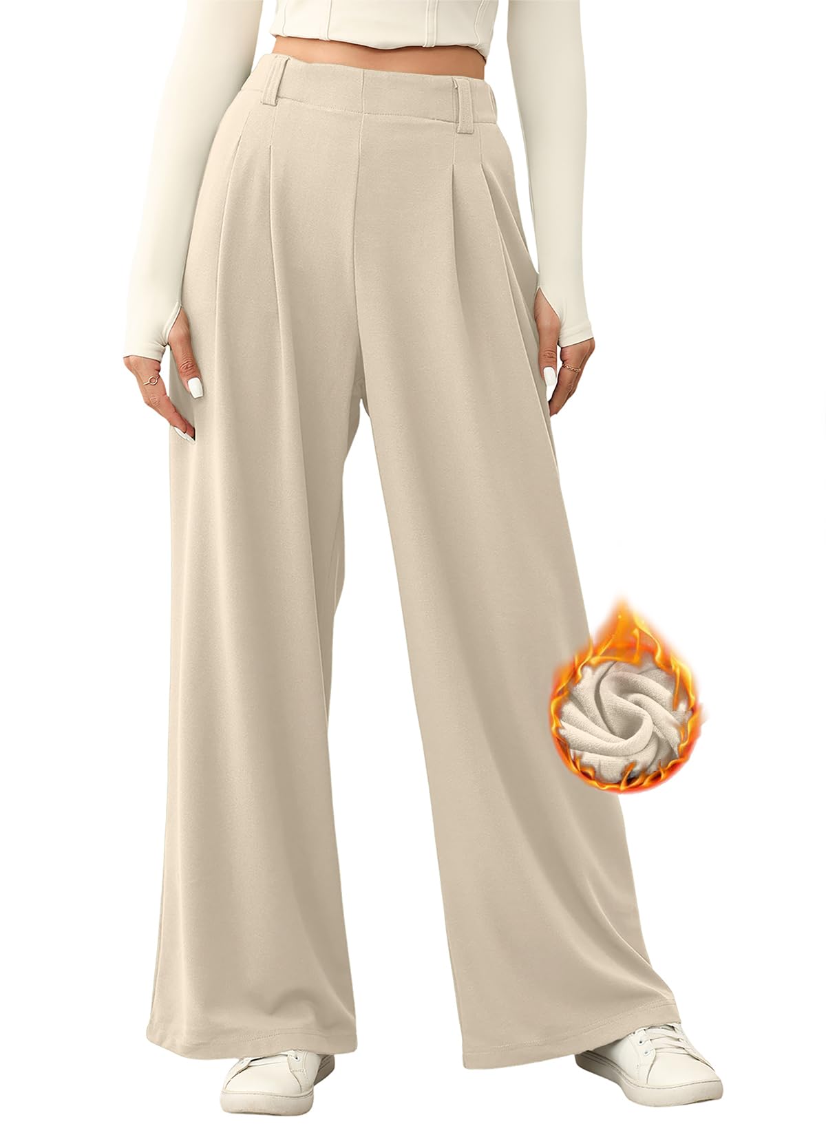 EVALESS Women's High Waisted Wide Leg Palazzo Pants - Soft Waffle Knit Fleece Lounge Pants with Elastic Waistband & Pockets | Comfortable Winter Casual Pants for Home, Office & Travel