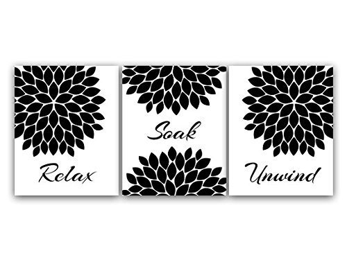 Modern Black and White Bathroom Decor Set of 3 Art Prints - Relaxing Soak & Unwind Wall Art for Spa-Like Bathroom - Perfect for Home Decor, Housewarming Gifts & Bathroom Makeovers