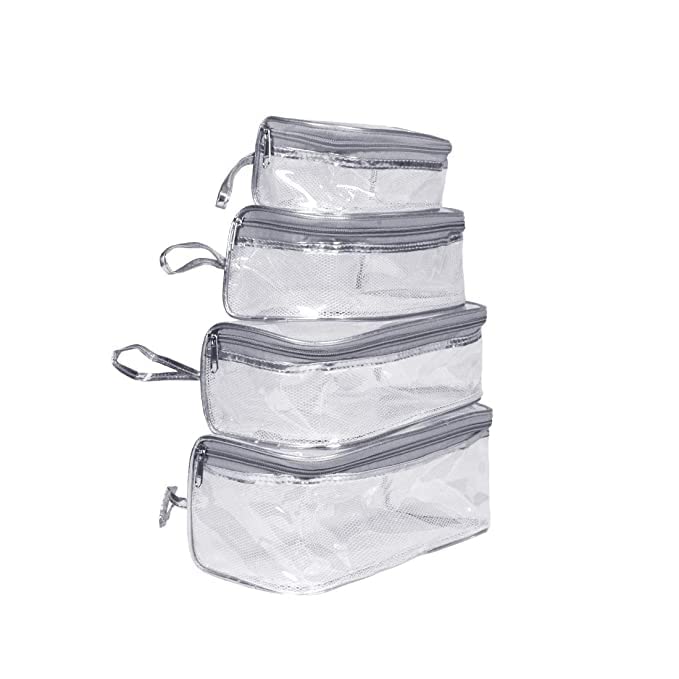 Transparent Cosmetic Pouch Set - 4 Travel Toiletry Bags for Makeup & Jewelry Storage (Silver)