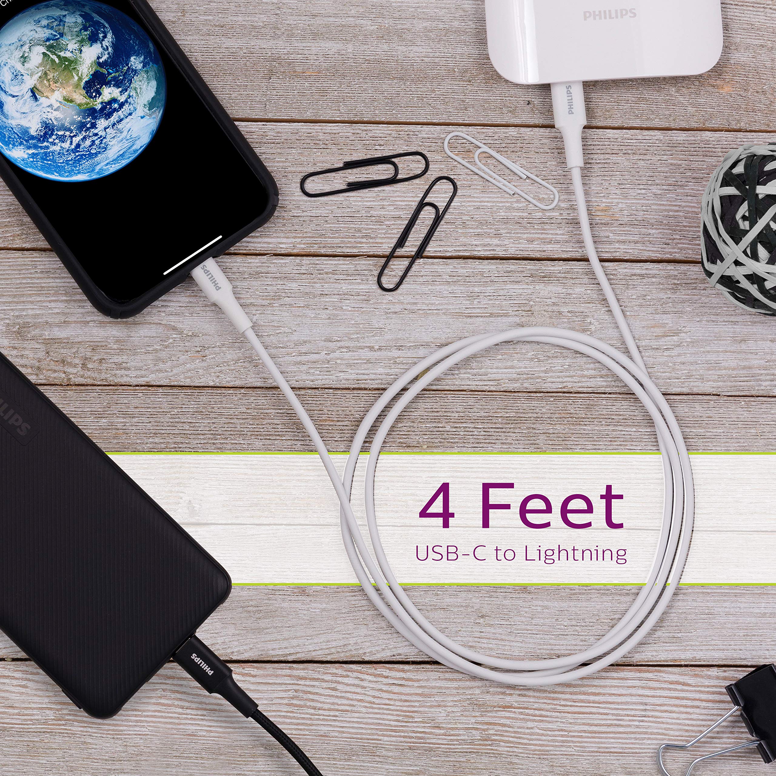 Philips 4ft USB C to Lightning Cable - Fast Charging Cord for iPhone 14/13/12 Series & AirPods Pro | Durable White iPhone Charger (DLC4202V/37) | Perfect for Home, Office & Travel Charging