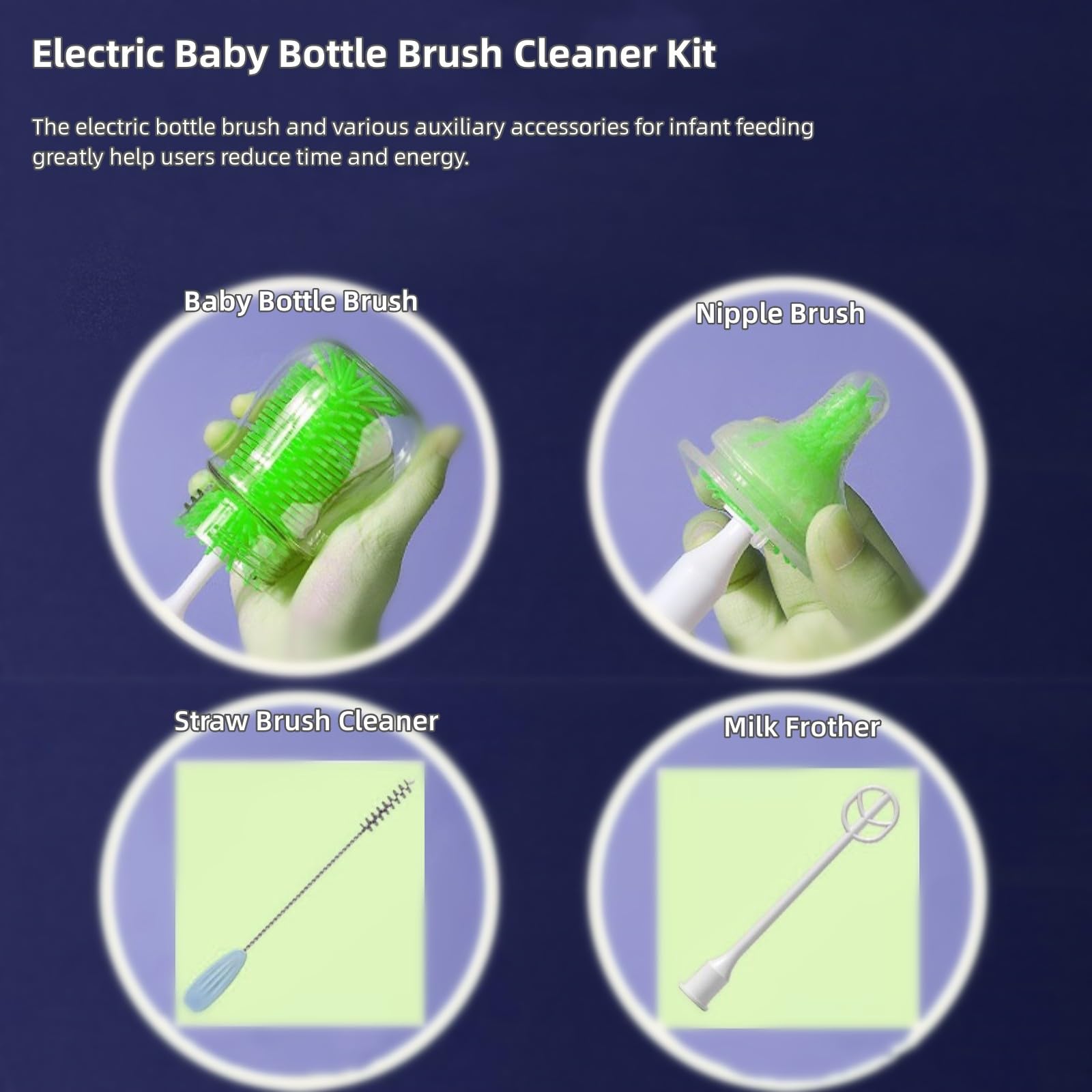 Rechargeable Electric Bottle Brush Set - Automatic Cleaning Brush with Spinning Head for Baby Bottles, Dishes, Mixers & Toilets | Multi-Purpose Scrub Brush Kit for Kitchen & Bathroom Cleaning | Eco-Friendly Green Design