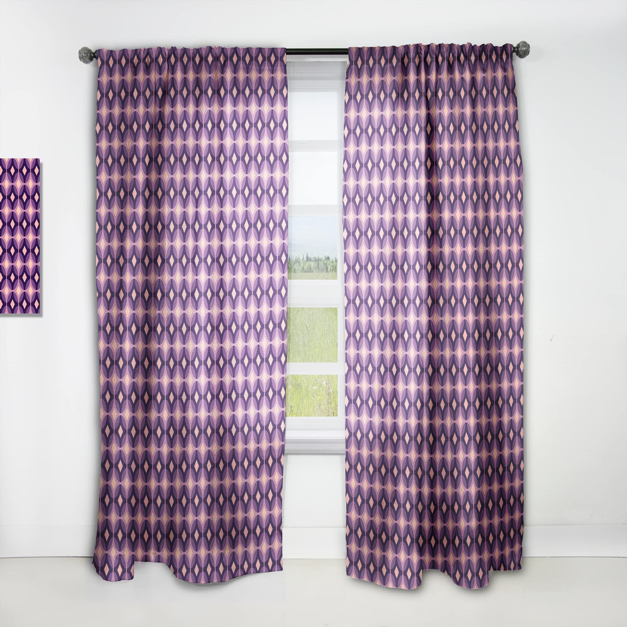 Retro Circular Purple and Yellow Pattern Thermal Insulated Curtains - Single Panel 52x120 - Elegant Window Drapes for Bedroom & Living Room - Perfect for Vintage Home Decor & Light Blocking