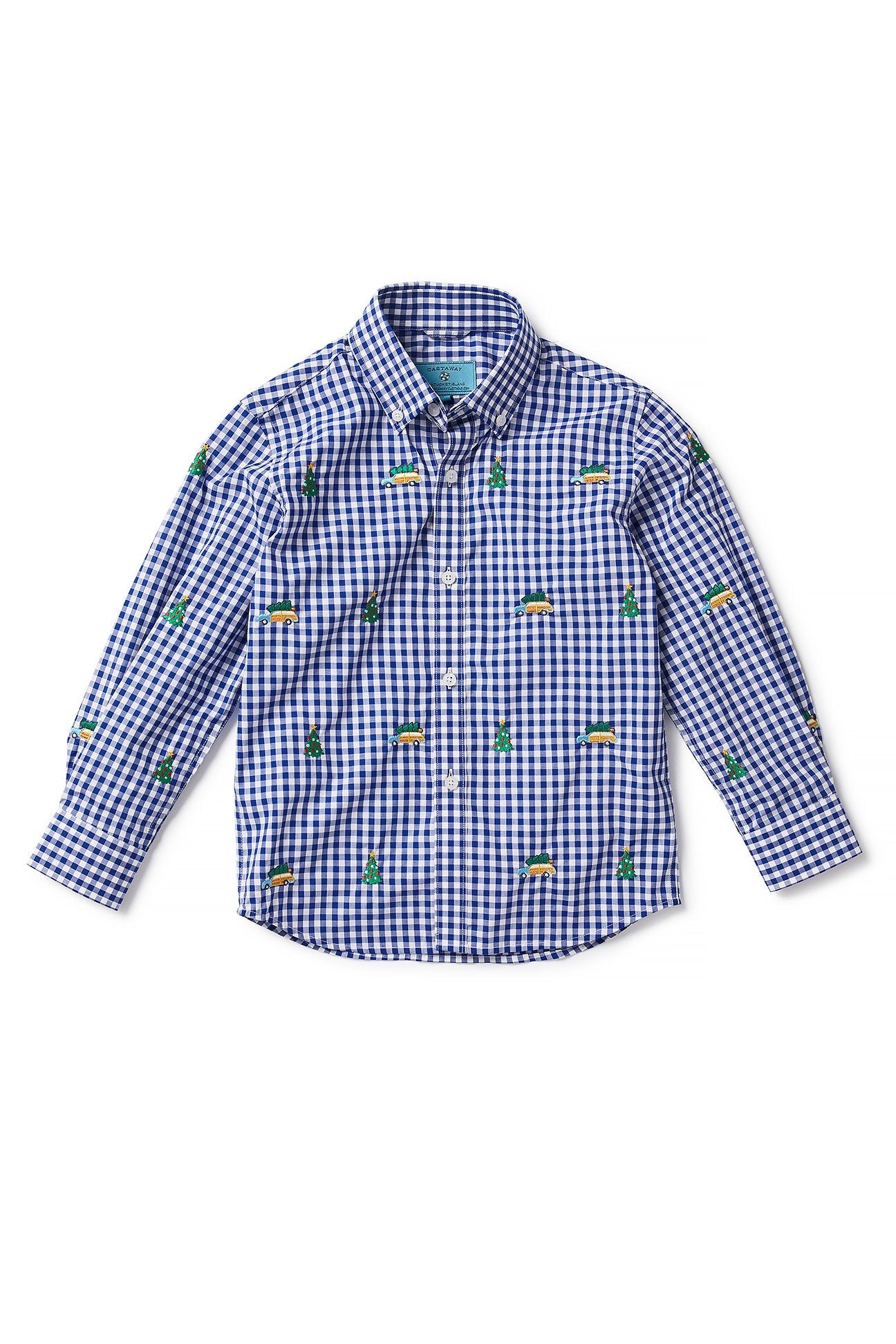 James Shirt Wide Gingham Royal Blue Checkered Button-Down Shirt with Christmas Tree Print - Perfect for Holiday Parties, Office Wear & Casual Outfits