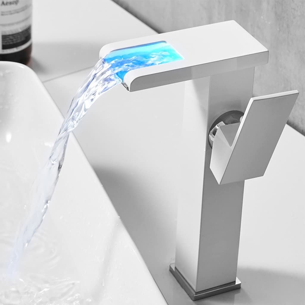 XXZY LED Waterfall Bathroom Sink Faucet - Single Handle Touchless Motion Sensor Faucet with Color Changing Lights, White/Black Modern Basin Mixer Tap for Bathroom Vanity (3 Color Options) - Perfect for Contemporary Home, Hotel, and Spa Washroom Upgrades