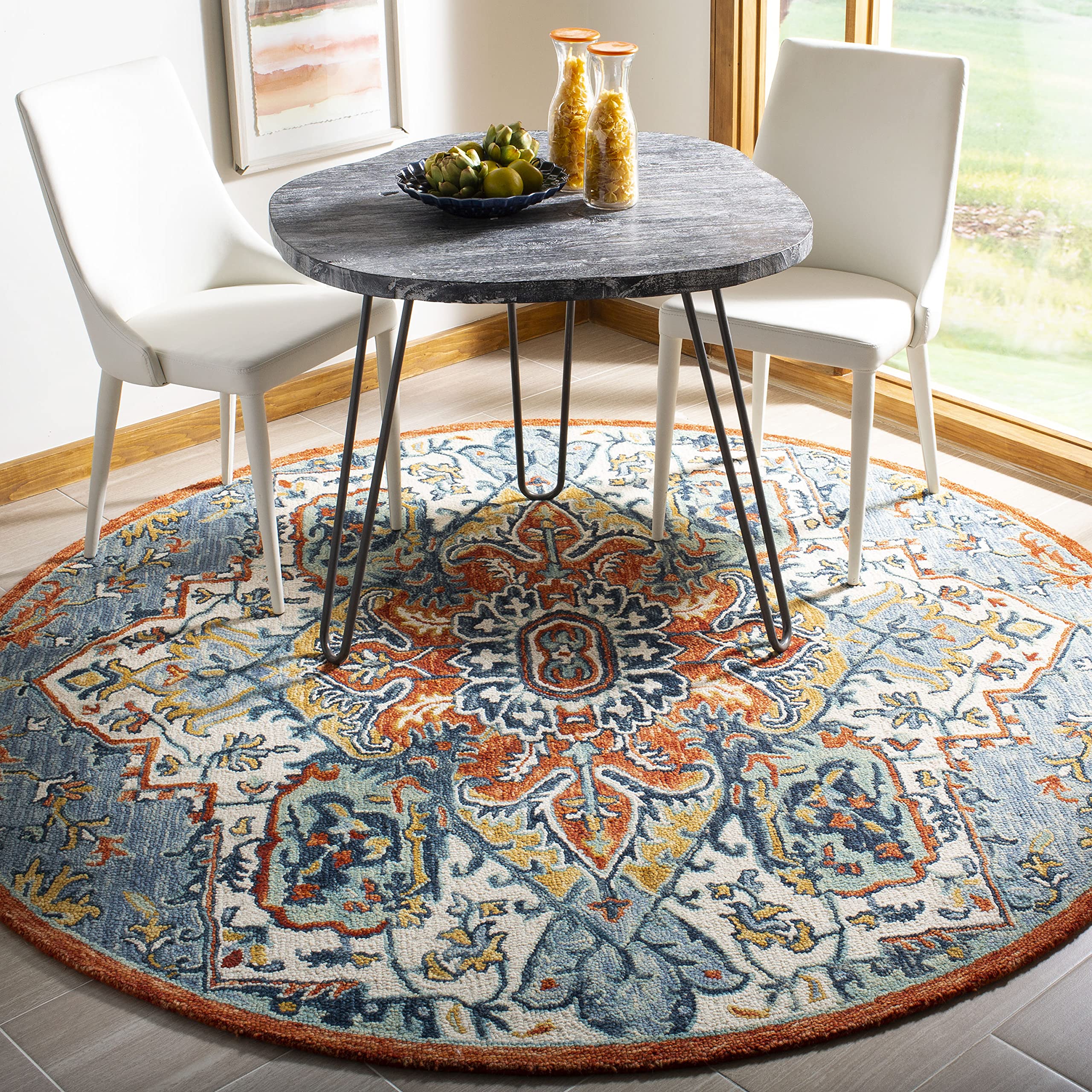 SAFAVIEH Aspen Collection 5' Round Blue/Rust APN312A Handmade Boho Premium Wool Area Rug for Entryway, Foyer, Living Room, Bedroom & Kitchen - Perfect for Boho Chic Decor & Cozy Home Spaces