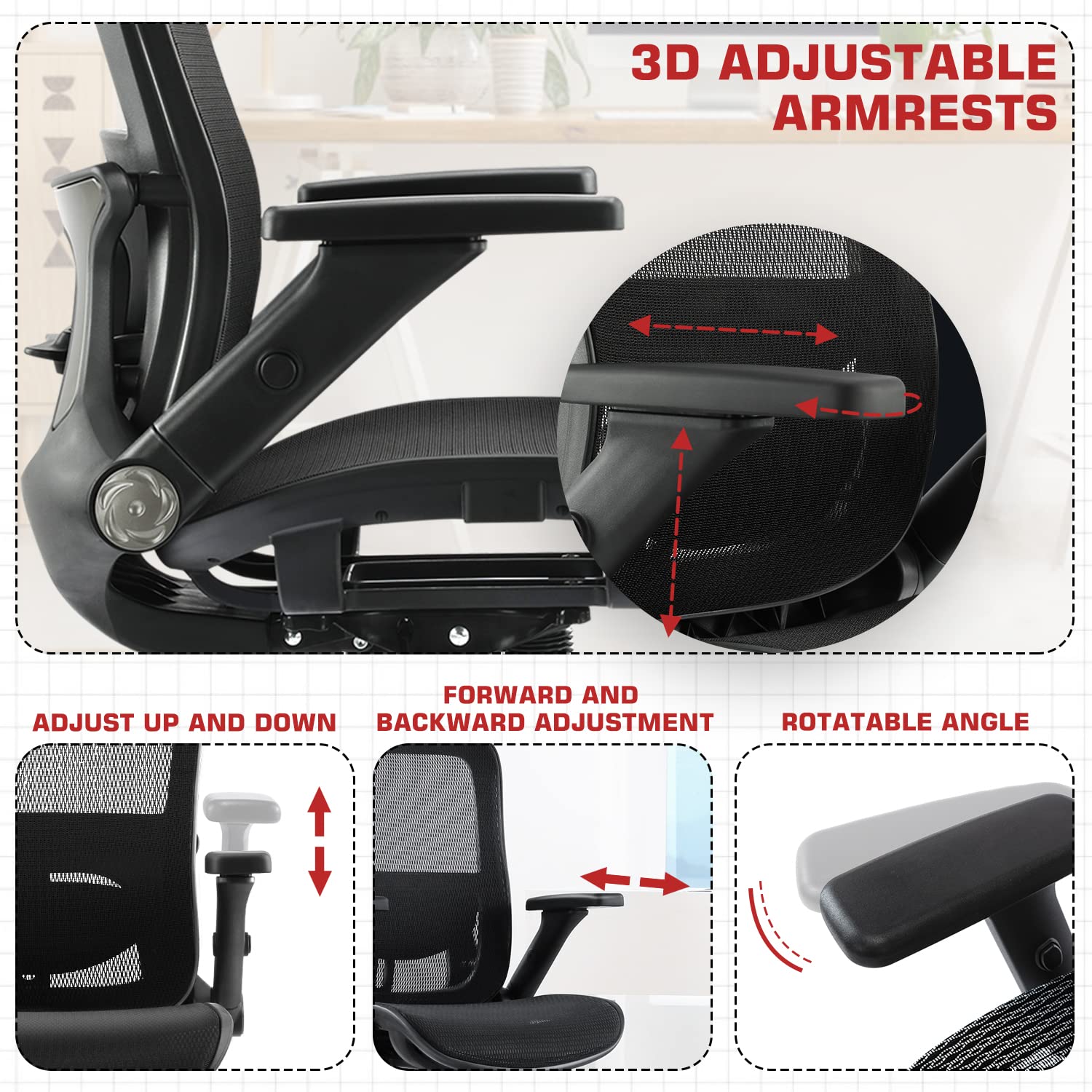 Ergonomic Mesh Office Chair with High Back, 3D Adjustable Armrests, Lumbar Support & Headrest - Black - Perfect for Home Office, Gaming & Computer Workstations
