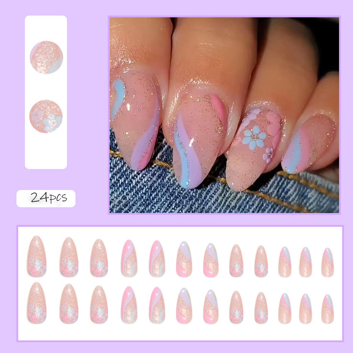 24Pcs Flower Press on Nails - Almond Fake Nails with Wave Lines & Small Floral Shiny Designs - Cute Acrylic Nails with Glitter Tips - Glossy Artificial Glue on Nails for Women & Girls - Perfect for Parties, Weddings, and Everyday Nail Decorations
