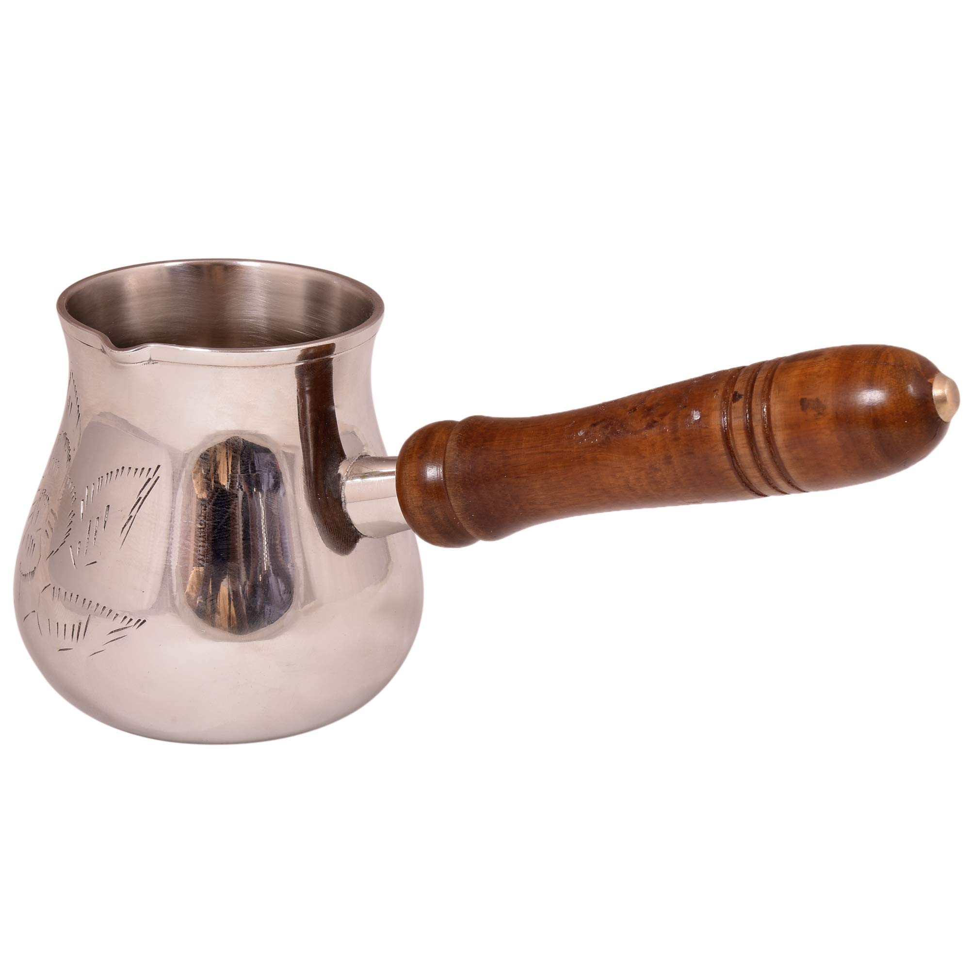 Diollo Engraved Brass Turkish Greek Arabic Coffee Pot - 8oz Stovetop Cezve Ibrik Briki with Wooden Handle | Traditional Middle Eastern Coffee Maker for Home, Gifts & Authentic Brewing Experience