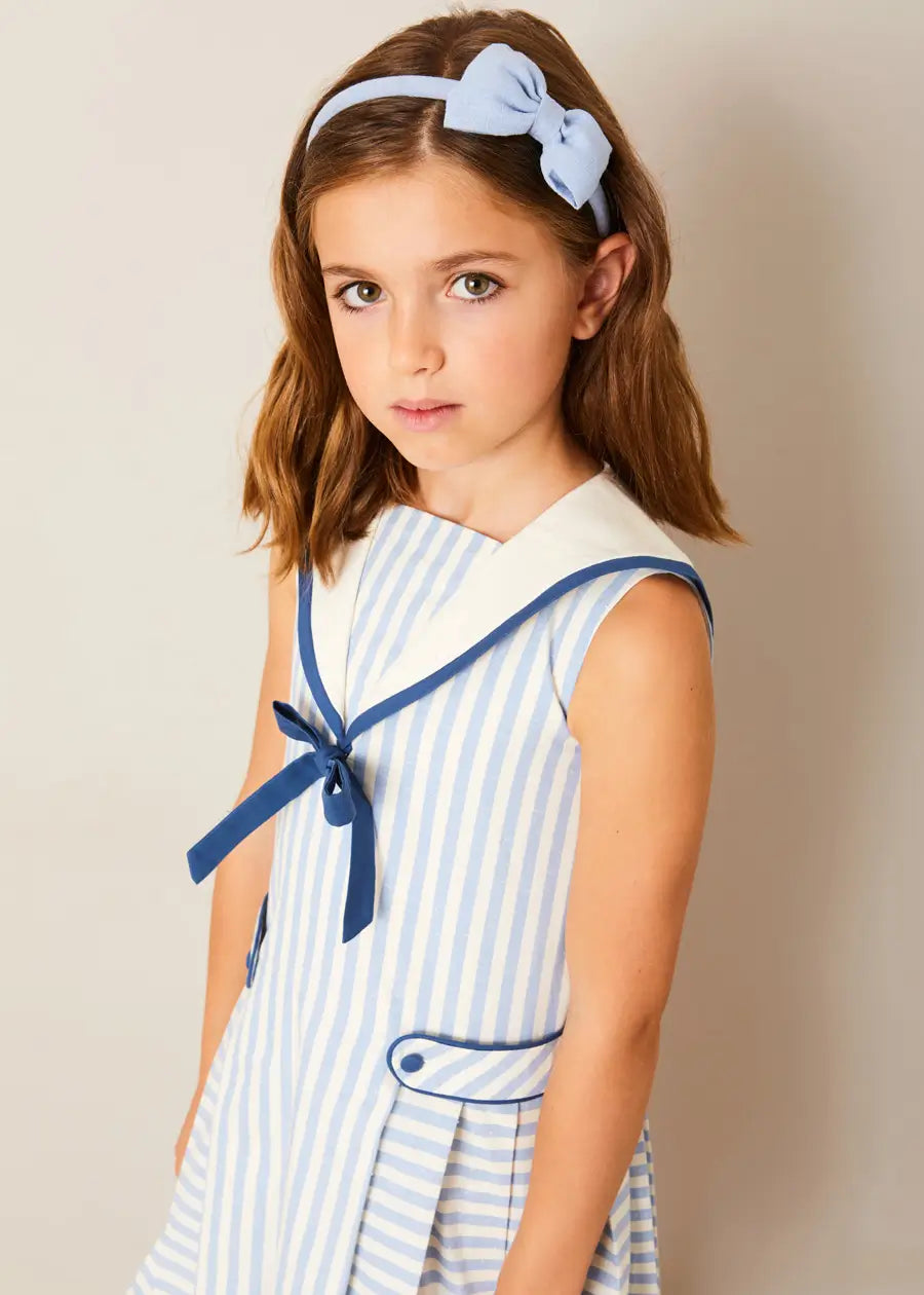 Blue Regency Striped Mariner Collar Pleated Sleeveless Dress for Girls 2-10 Years | Summer Beach Party, Vacation Outfit, Casual Playdate Dress
