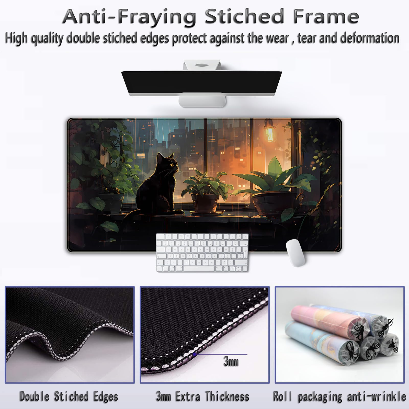 Black Cat Anime Desk Mat - Large Gaming Mouse Pad with Green Plants for Women, Perfect for Laptop & Desktop Decor