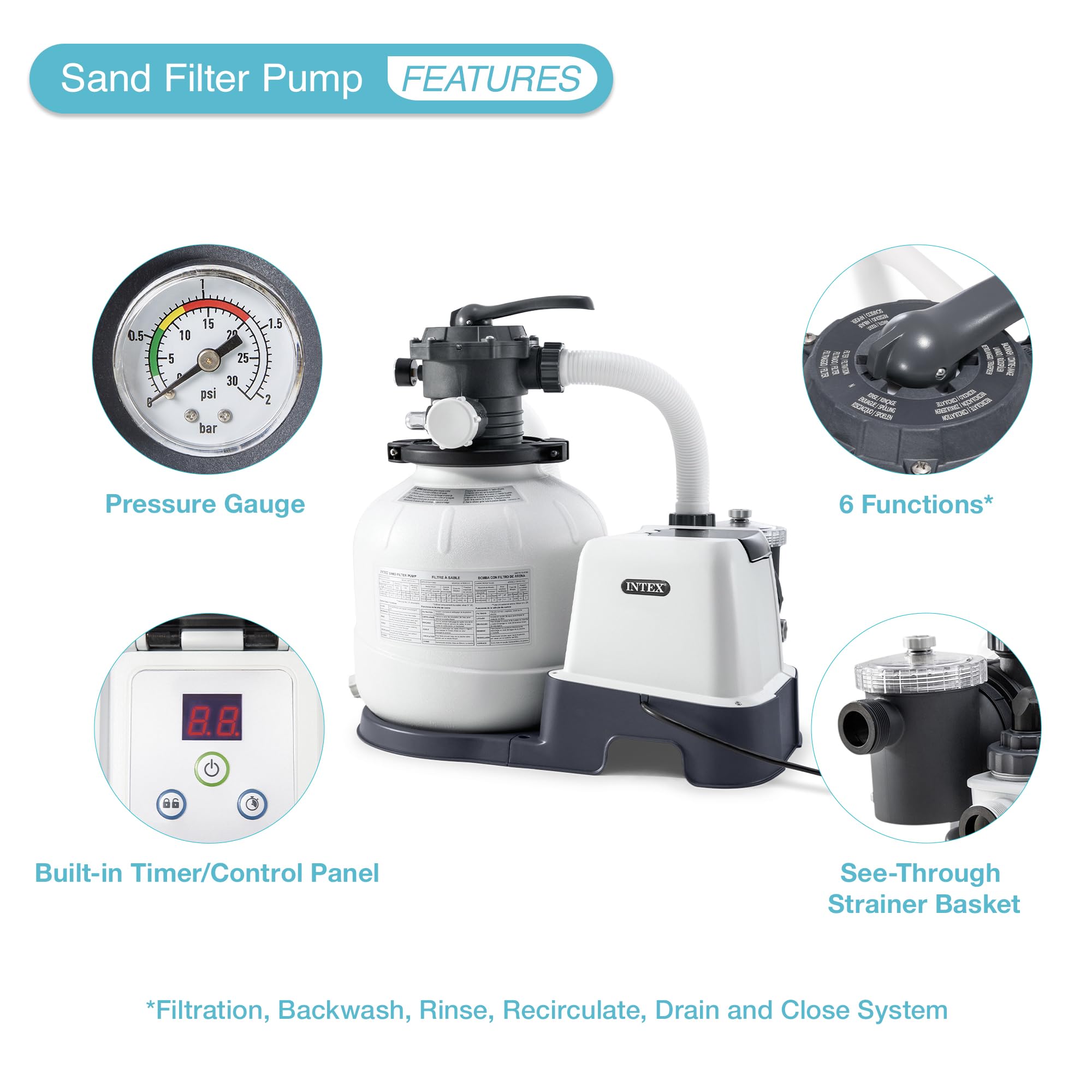 Intex Krystal Clear Sand Filter Pump & Saltwater System for Above-Ground Pools up to 15,000 Gallons - Automatic Algae Control, Pool Cleaning & Maintenance | Perfect for Backyard Swimming Pools, Summer Water Fun & Family Gatherings