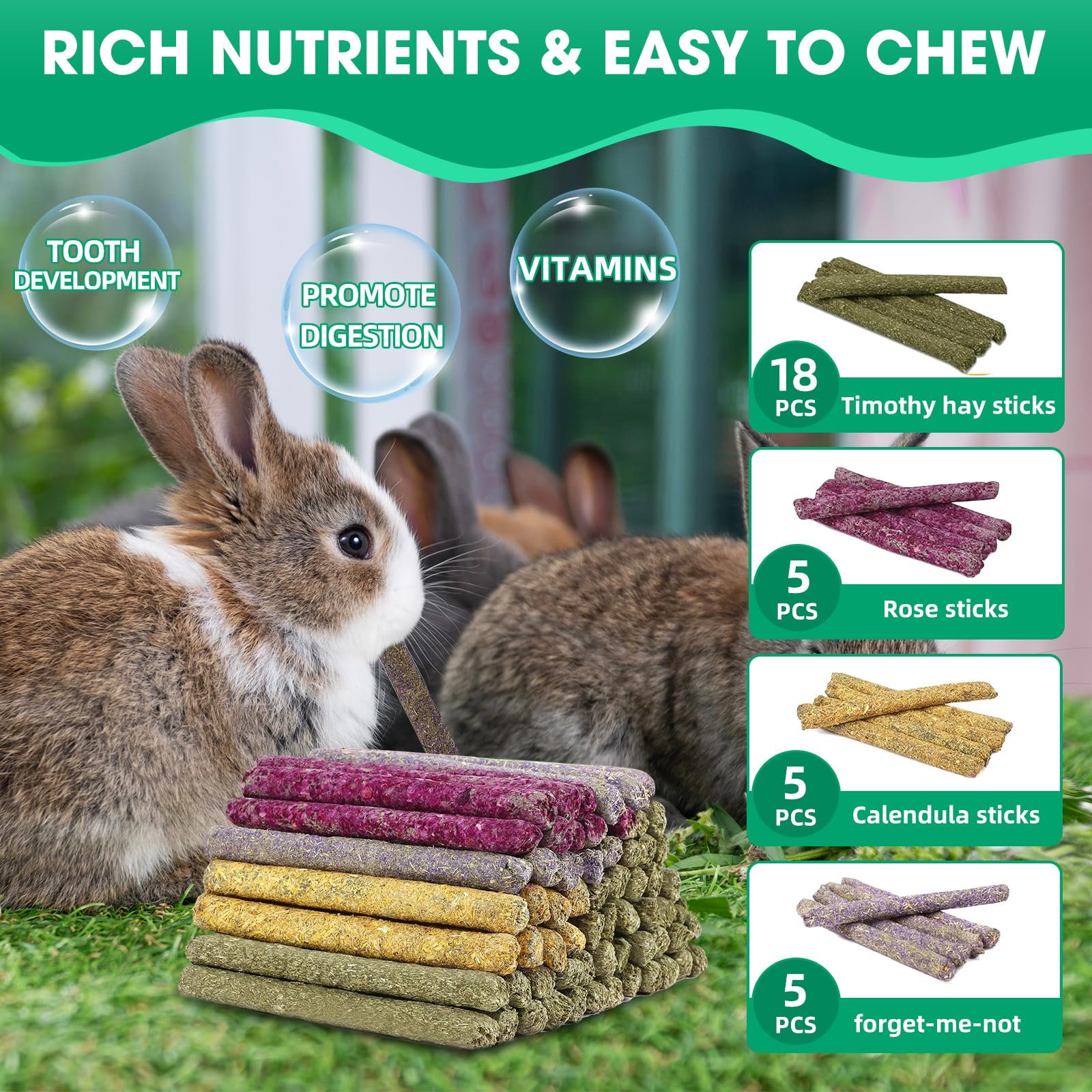 33 Pcs Natural Timothy Grass Rabbit Chew Sticks - Safe Molar Teeth Chew Toys for Rabbits, Guinea Pigs & Small Pets - Mixed with Dried Flowers for Dental Health - Perfect for Cage Enrichment & Playtime