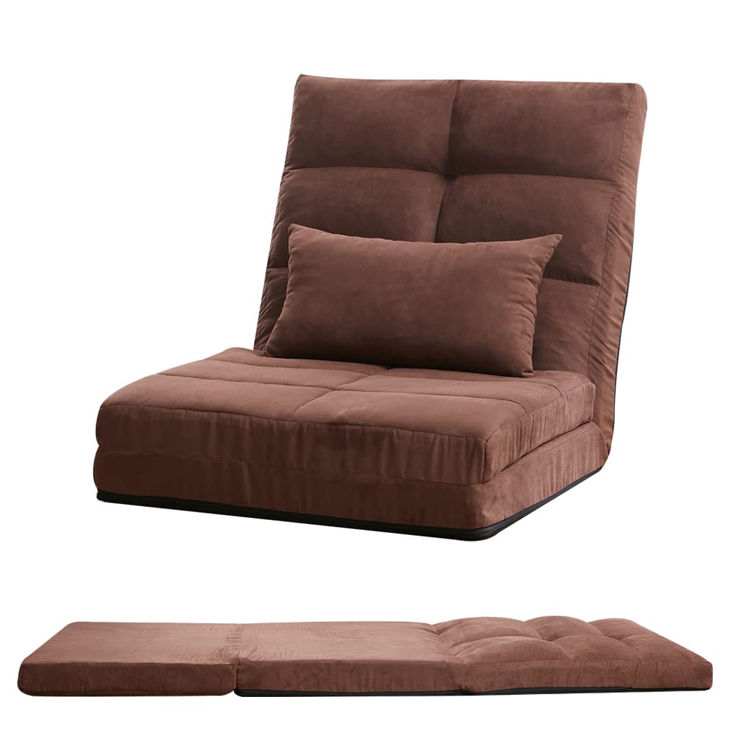 Adjustable Japanese Floor Sofa Bed with Pillow - 5 Reclining Positions, Thick Padded Folding Gaming Chair for Adults, Brown Floor Lounger - Perfect for Gaming, Reading & Relaxing in Small Spaces