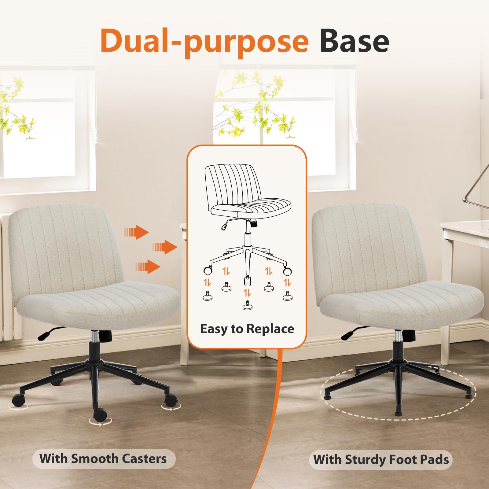 Sweetcrispy Criss Cross Chair Legged Armless Office Desk Chair with Wheels - Swivel Vanity Height Adjustable Wide Seat Computer Task Chair for Home & Office - Beige - Perfect for Workstations, Gaming & Study Spaces
