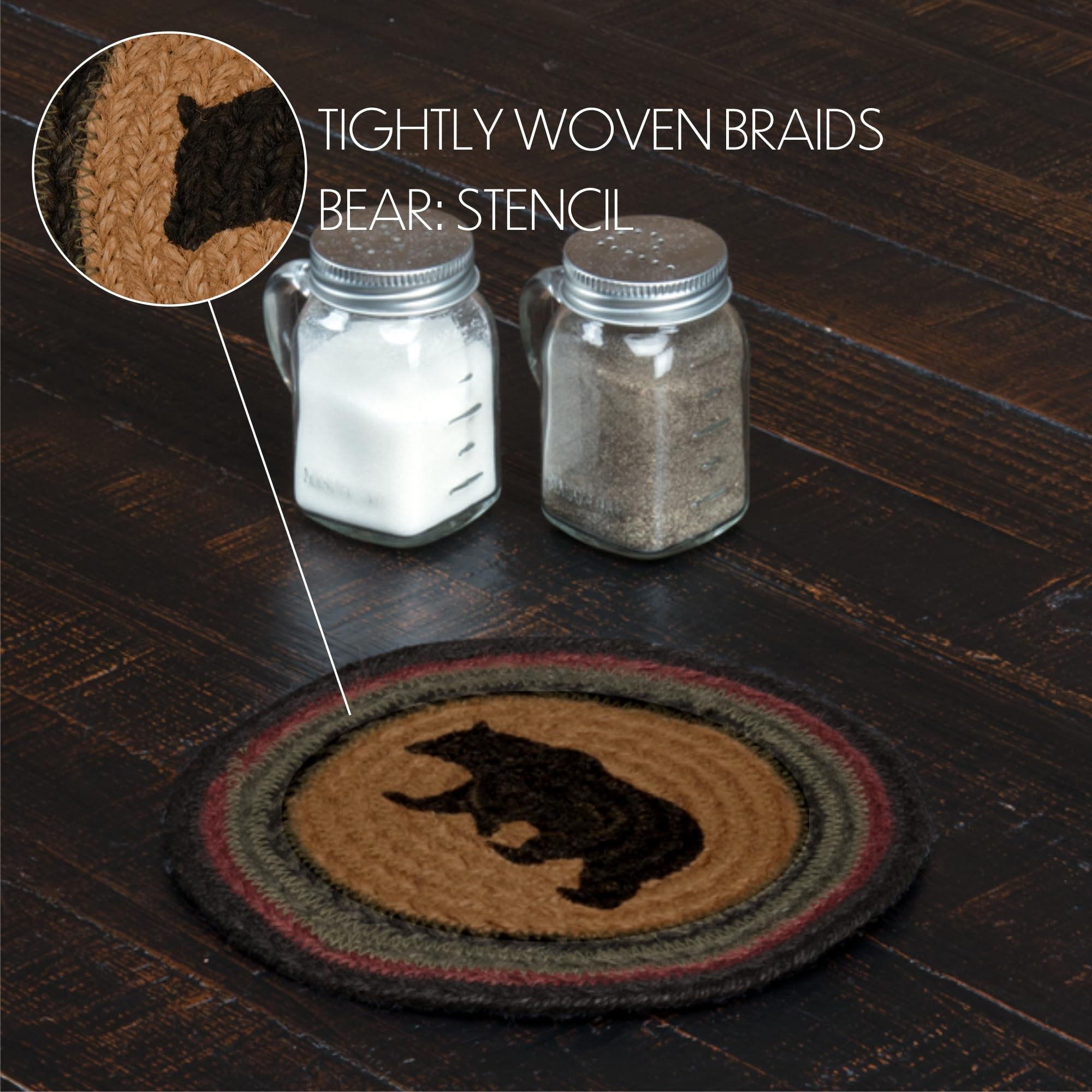 VHC Brands Wyatt Rustic Stenciled Textured Tan Round Kitchen Table Bear Jute Trivet 8