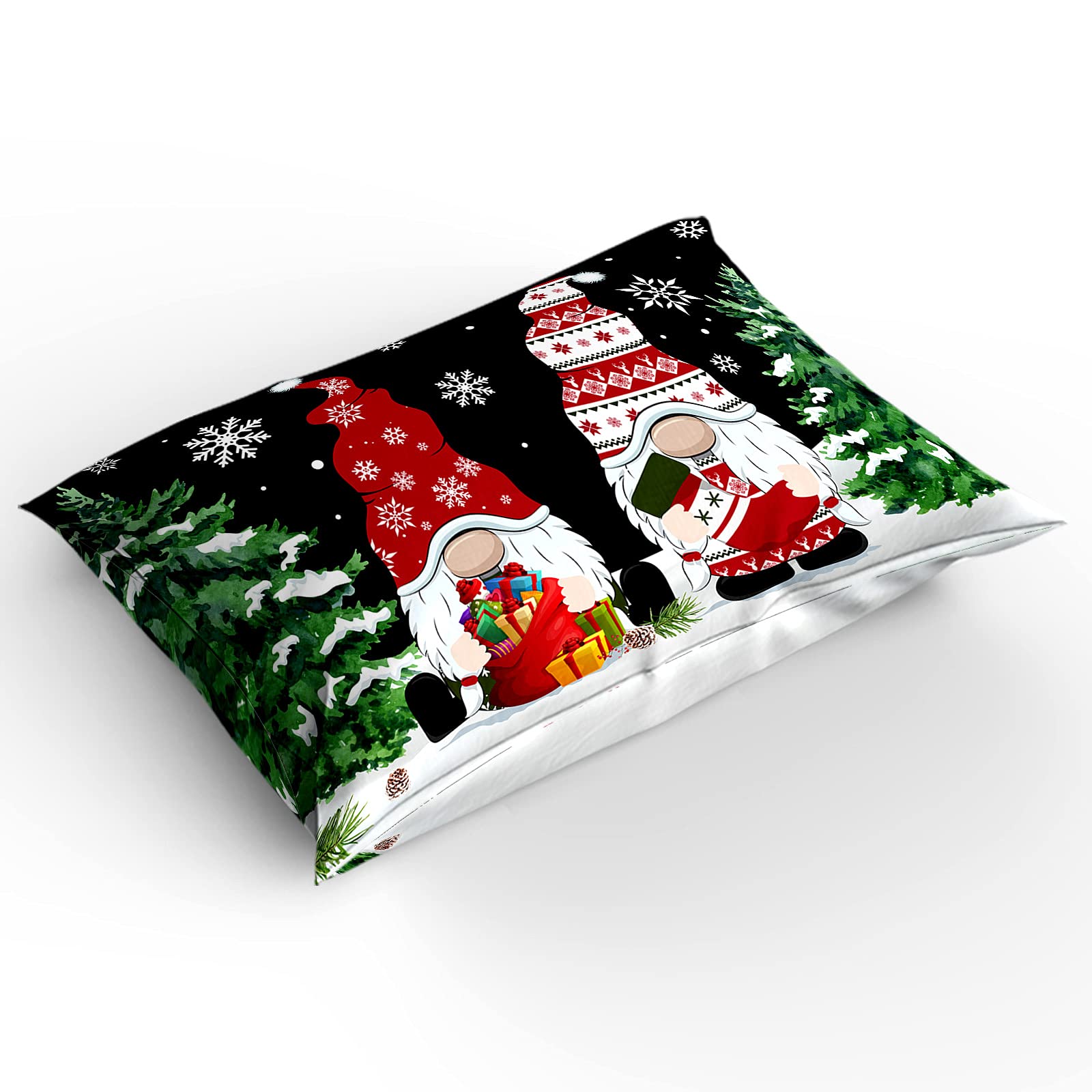 Seven Roses 4-Piece Christmas Bedding Set - Soft Quilt Cover, Sheets & Pillowcases with Merry Gnomes & Xmas Tree Design, Queen Size Black - Perfect for Holiday Decor & Cozy Winter Nights
