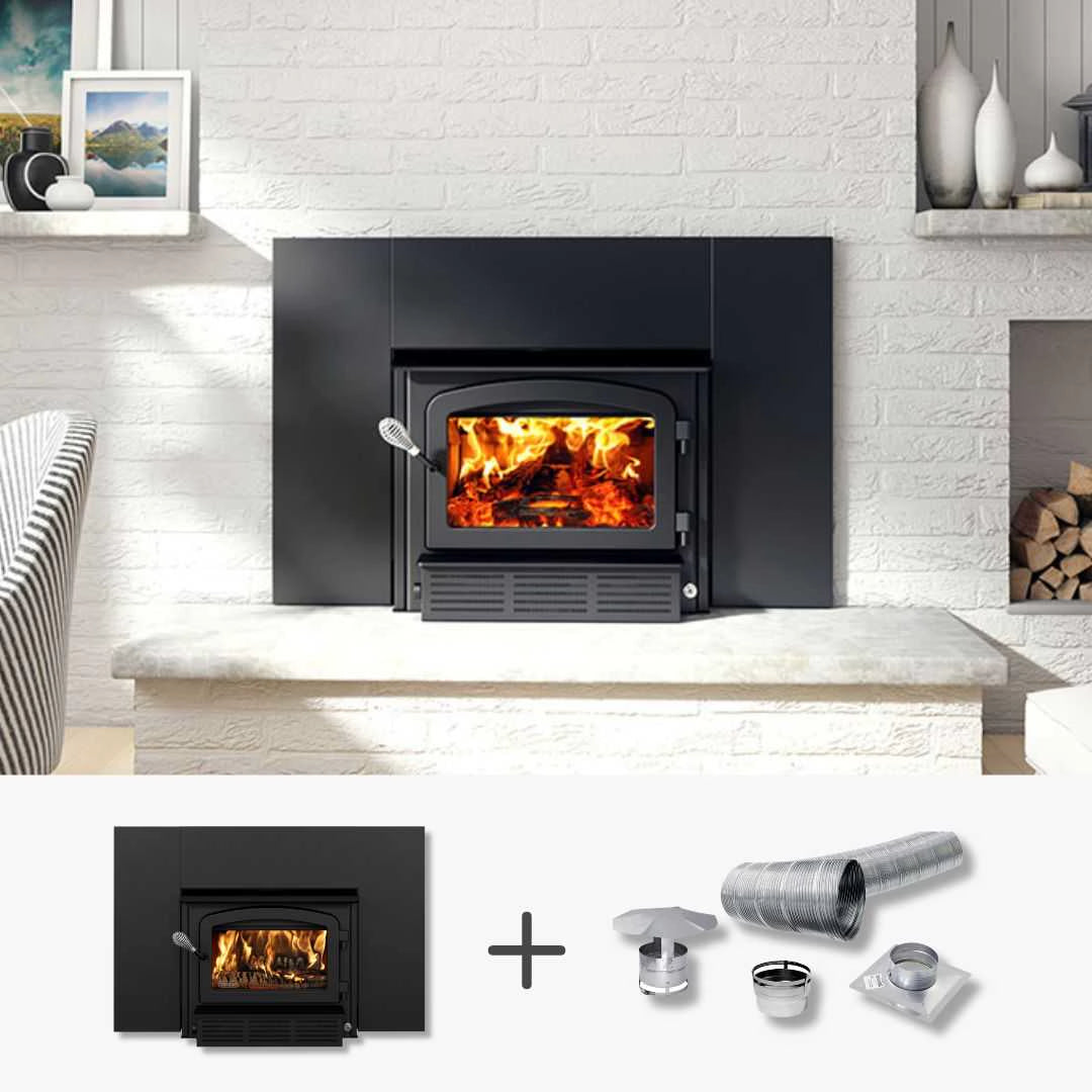 Drolet Escape 1800 I EPA Certified Wood Burning Fireplace Insert with 25' Trio Venting Kit - Efficient Home Heating for Living Rooms & Cabins
