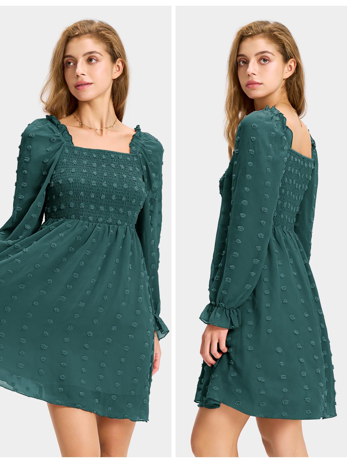 EXLURA Women's 2025 Summer Swiss Dot Smocked Mini Dress with Ruffles - Long Sleeve Cocktail Party Dress for Wedding Guest, Bridal Shower & Date Night Outfits