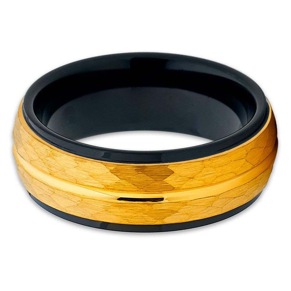 18K Yellow Gold & Black Tungsten Wedding Ring for Men - Hammered Textured Comfort Fit Band - Unique Anniversary & Engagement Ring for Couples - Perfect for Everyday Wear, Weddings & Special Occasions