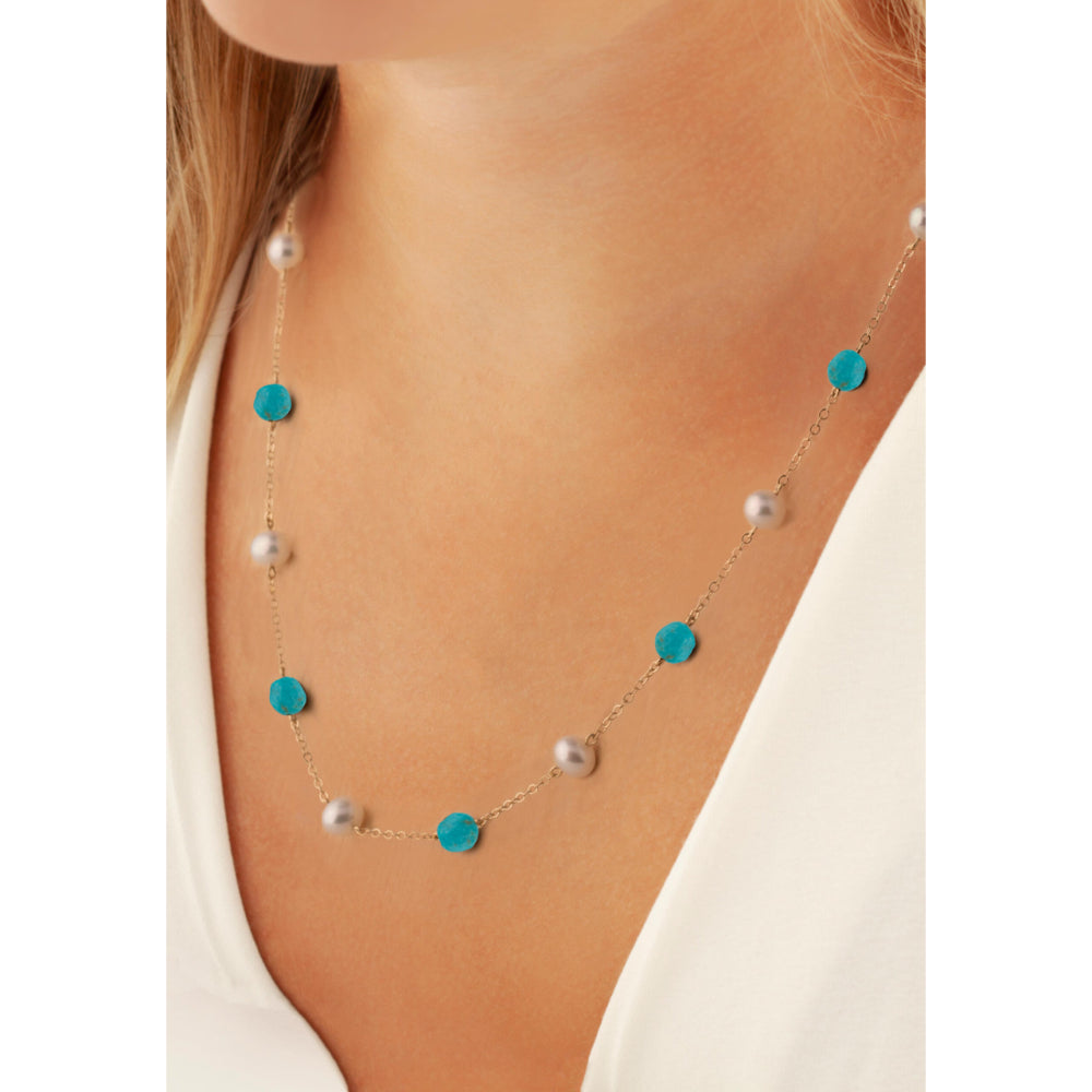 14K Gold Freshwater Pearl and Turquoise Necklace for Women - Elegant Bohemian Jewelry Gift for Birthday, Anniversary & Special Occasions
