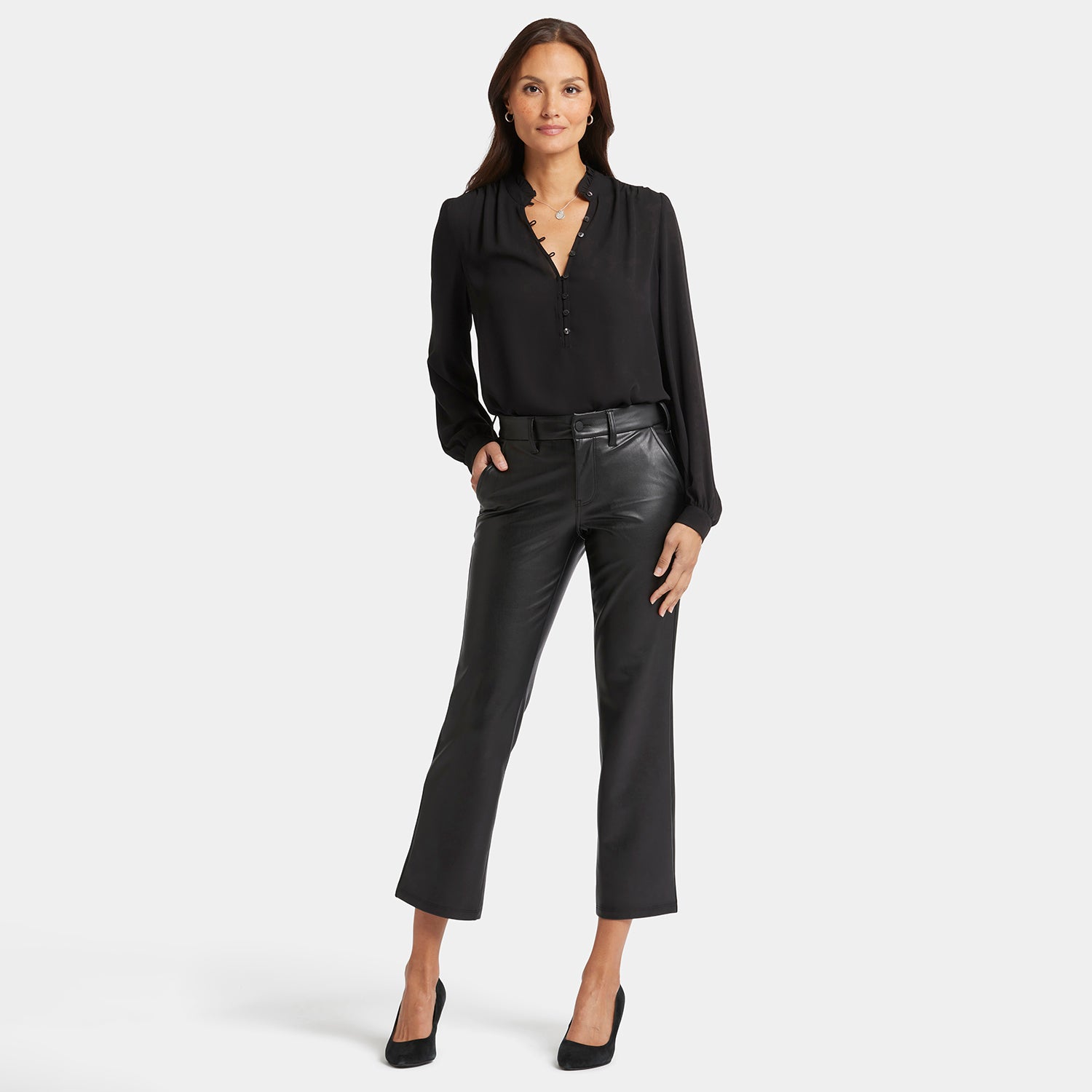 Faux Leather Straight Ankle Pants for Women - Stretch Comfort Fit High Waist Trousers (Black) | Office Wear, Night Out, Casual Chic Outfits