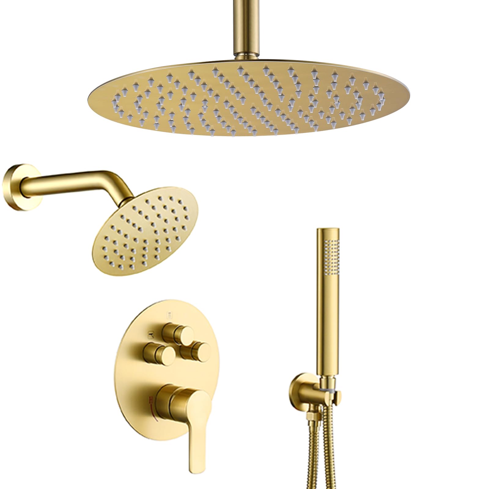 Brushed Gold Shower Faucet Set - 12 Inch Luxury Rain Shower System with Handheld Sprayer & Brass Valve | Modern Bathroom Fixture for Spa-Like Experience