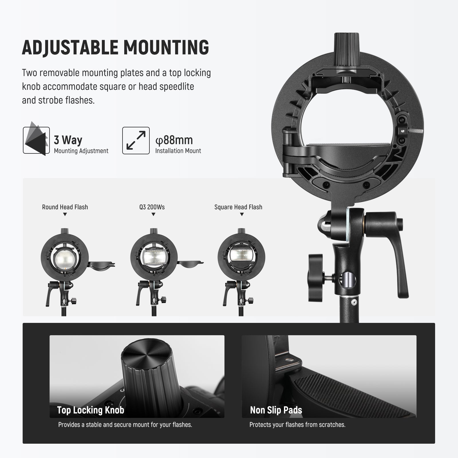 NEEWER CRB1 S-Type Bowens Mount Bracket Holder for Round & Square Flash Heads - Perfect for Studio Photography & On-Location Lighting Setups