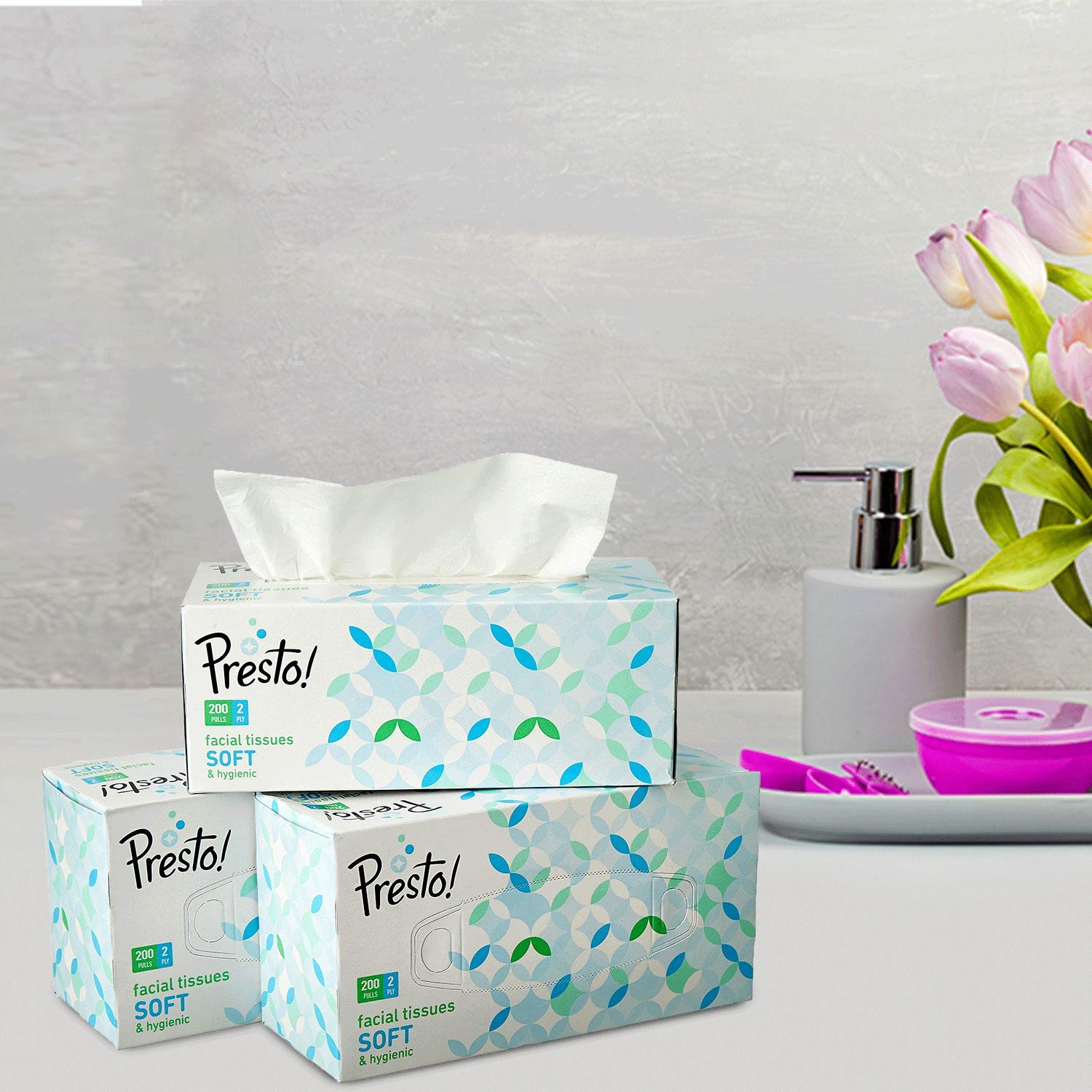 **Presto! 2-Ply Facial Tissues, 600 Count (3 x 200 Pulls) - Ultra Soft & Highly Absorbent, 100% Natural Virgin Cellulose Fiber - Perfect for Home, Office & Travel**