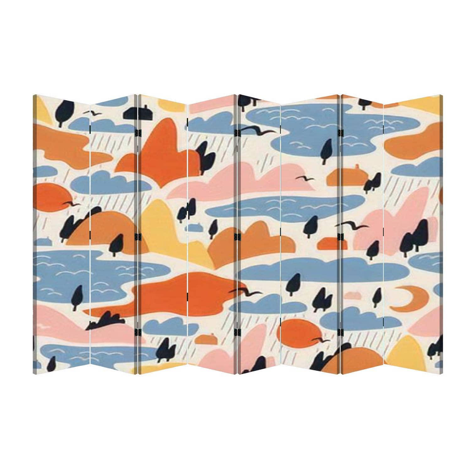 8-Panel Folding Room Divider - Colorful Mountain & Lake Landscape Design - Portable Freestanding Privacy Screen for Home, Office, Bedroom - Perfect for Space Partition, Room Decoration, and Creating Private Areas