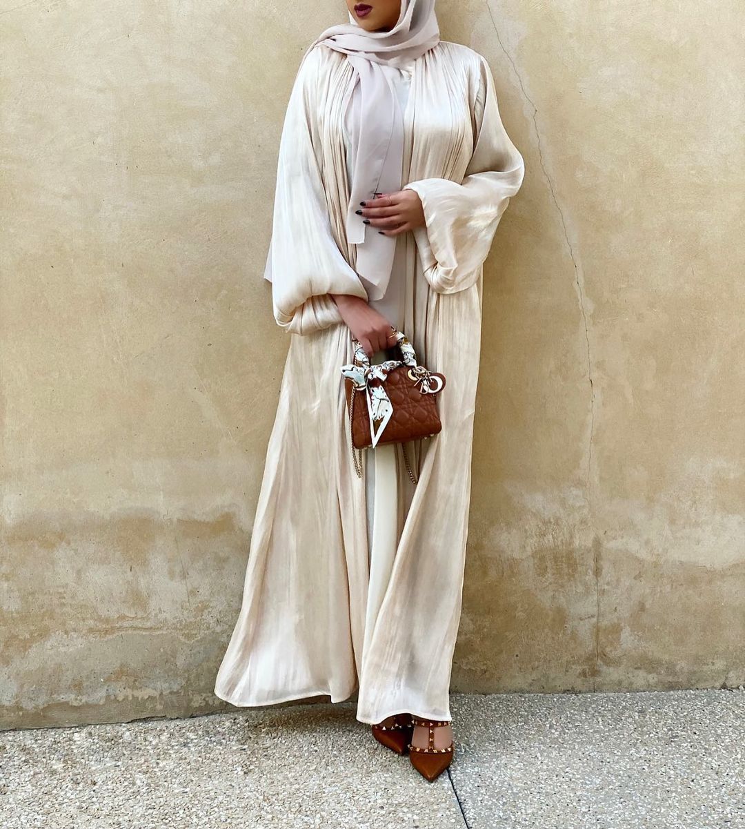 Elegant Muslim Abaya Dress for Women - Shining Silklike Kimono Cardigan with Puff Sleeves | Eid, Summer, Dubai & Turkey Fashion | Perfect for Prayer, Parties & Special Occasions