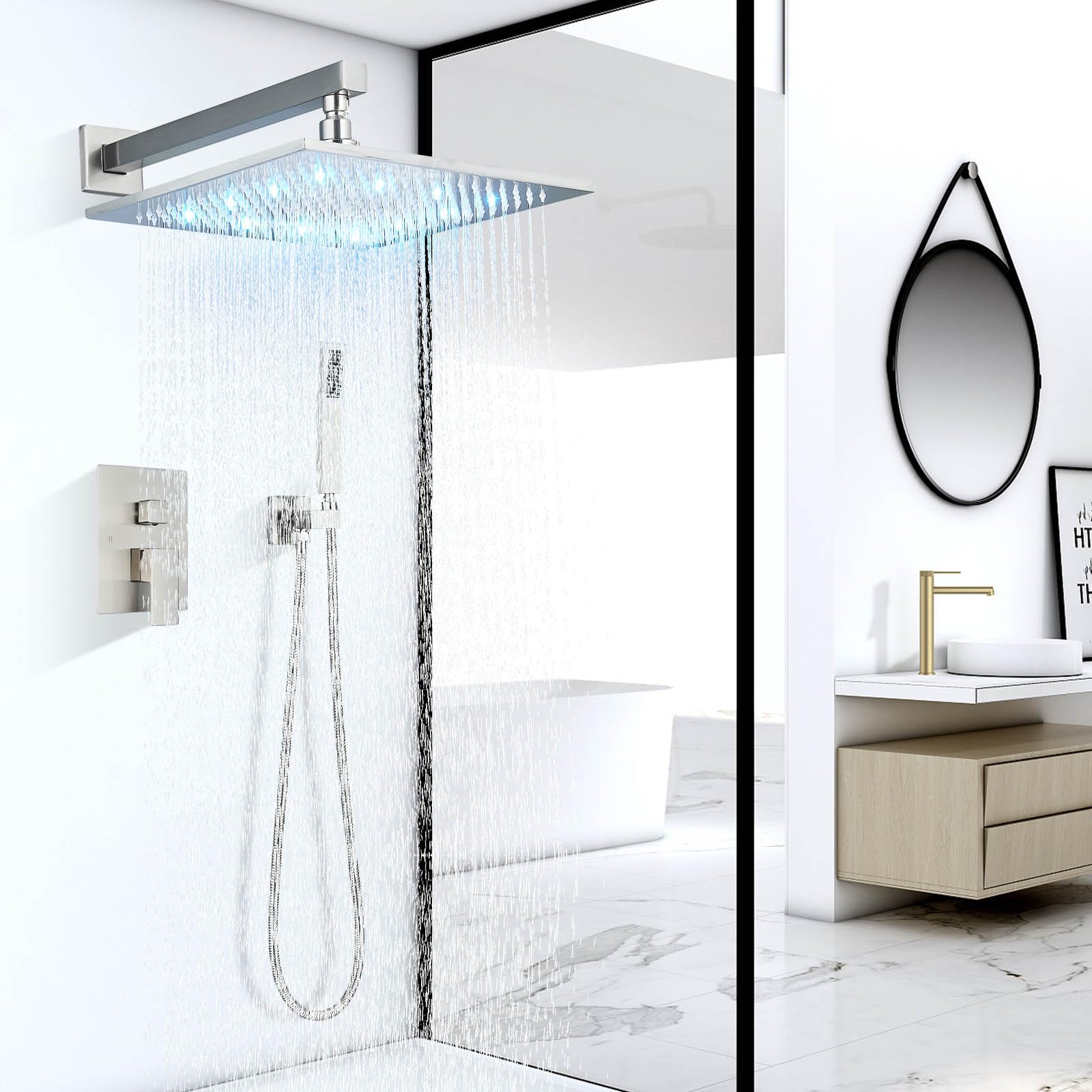 12 Inch Brushed Nickel LED Rainfall Shower Head with Handheld Combo - Brass Rain Shower Mixer Set with Rough-in Valve Body & Trim - Perfect for Modern Bathroom Renovation and Spa-like Shower Experience