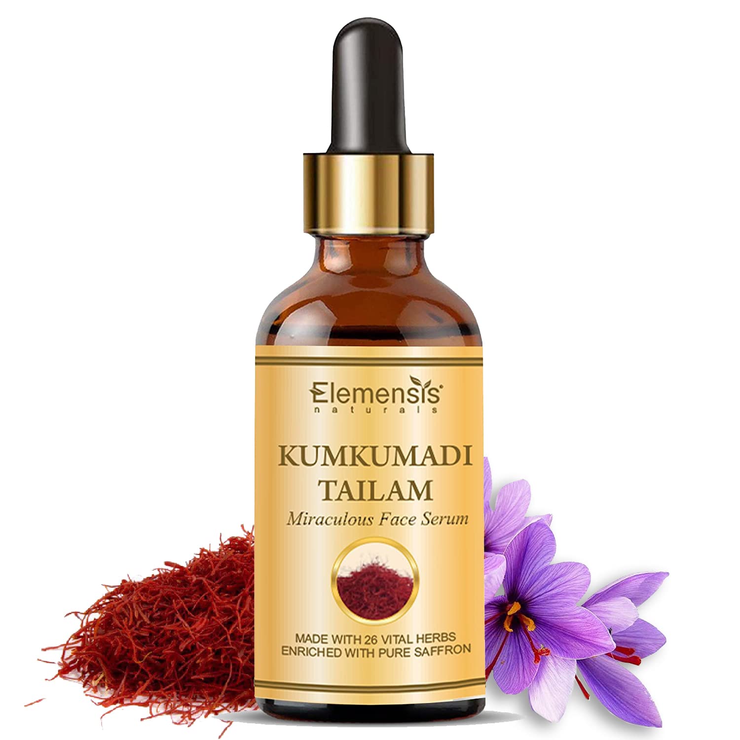 Elemensis Naturals Kumkumadi Tailam Face Oil - Brightening & Whitening Serum for Glowing Skin, Anti-Aging Treatment with Natural Ingredients, 20ml - Perfect for Nighttime Skincare Routine & Daily Radiance Boost