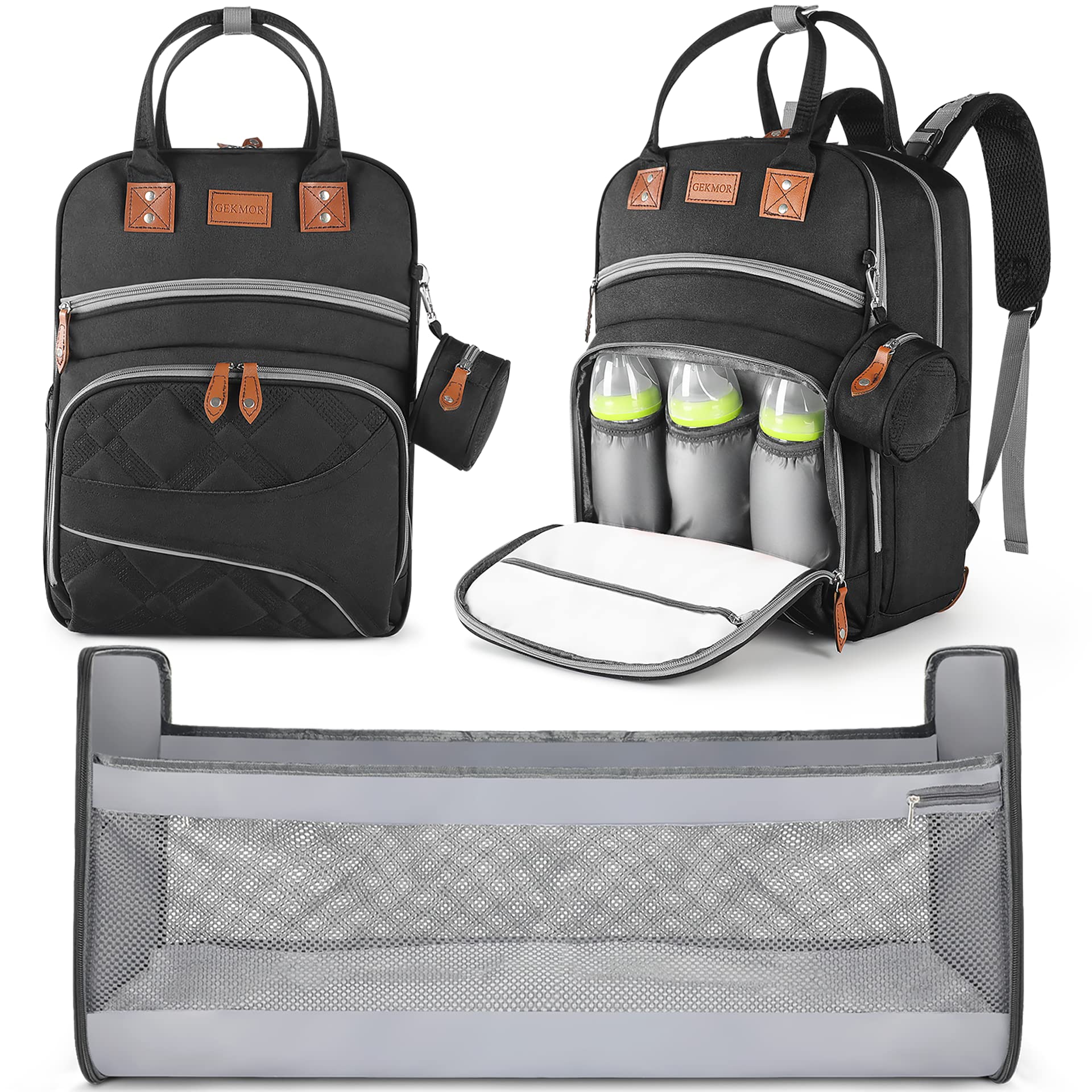 GEKMOR 3-in-1 Waterproof Diaper Backpack for Baby Boys & Girls - Large Capacity Multifunctional Travel Bag with Changing Station, Stroller Straps & Pacifier Case (Black) | Perfect for Daycare, Travel & On-the-Go Parents