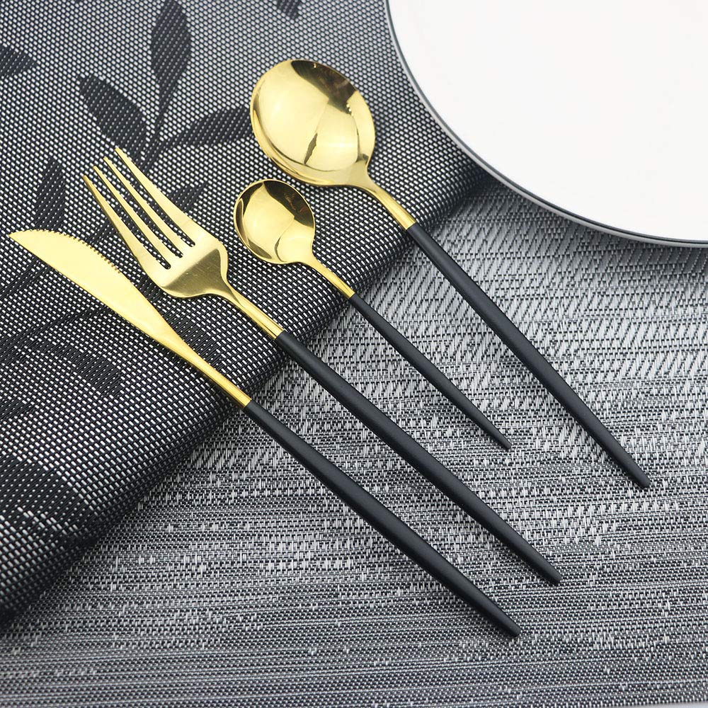 Premium 30-Piece Stainless Steel Flatware Set - Black Gold Silverware with Satin & Mirror Finish - Elegant Cutlery for Home, Restaurant & Dinner Parties - Dishwasher Safe Tableware for Everyday Use & Special Occasions