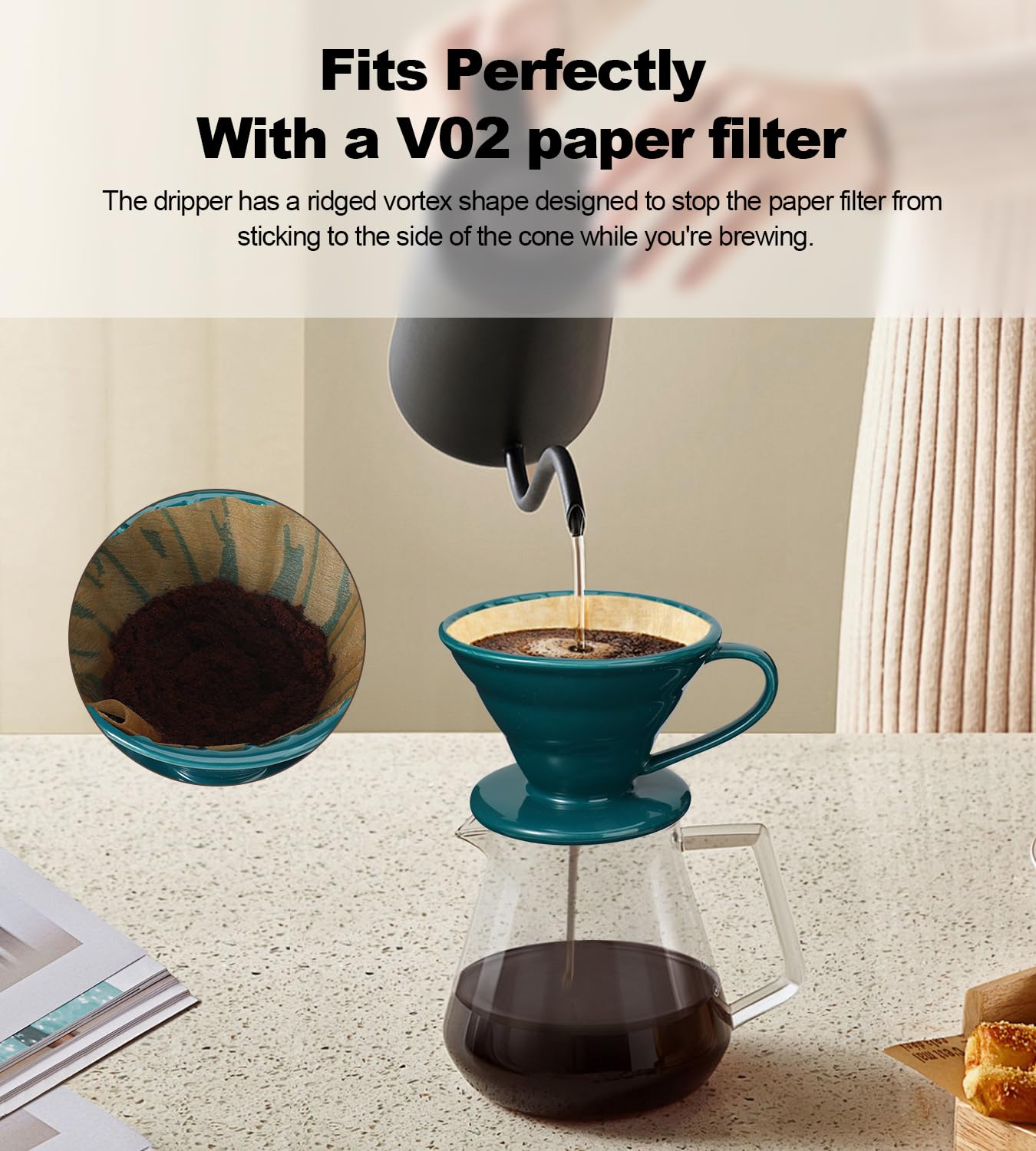 Premium Ceramic Pour Over Coffee Dripper - V60 Style 02 Size (1-4 Cup) Manual Coffee Maker for Home, Office & Cafe - Dark Green | Perfect for Specialty Coffee Brewing & Gift Giving