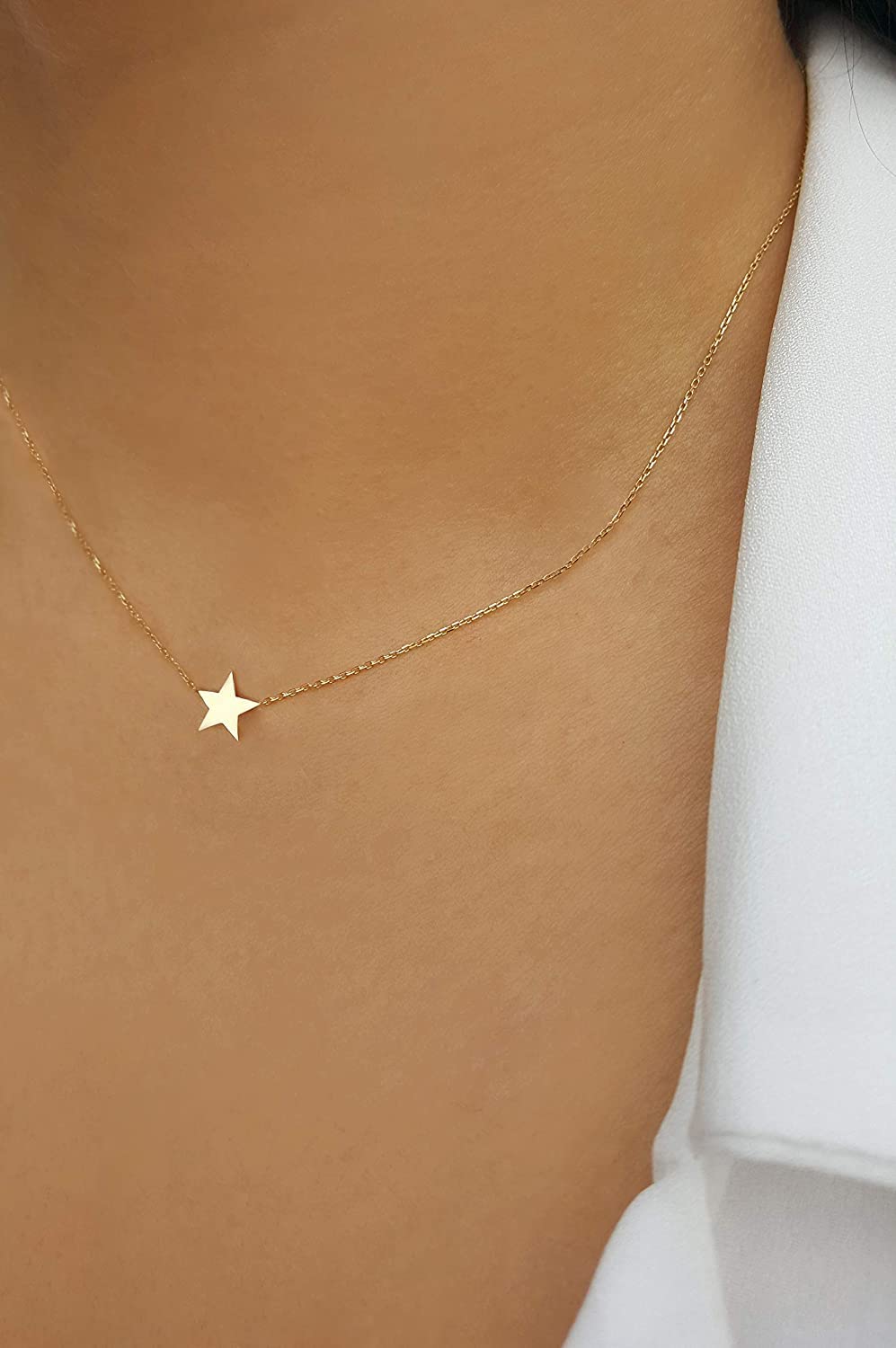 14K Gold Star Choker Necklace - Dainty Sideways Star Pendant Necklace for Women & Girls | Birthday Gift, Bridesmaid Jewelry (Plain Gold or Diamond Accent) | Perfect for Weddings, Date Nights & Special Occasions