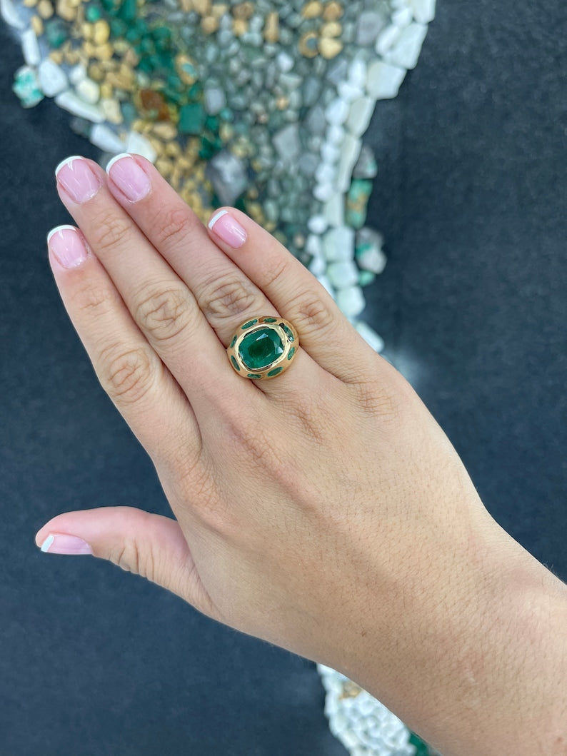 11.61tcw 18K Gold Cushion Oval Cut Natural Multi Emerald Gypsy Statement 9 Stone Ring for Women - Elegant Wedding, Anniversary, Party & Evening Wear Jewelry Gift