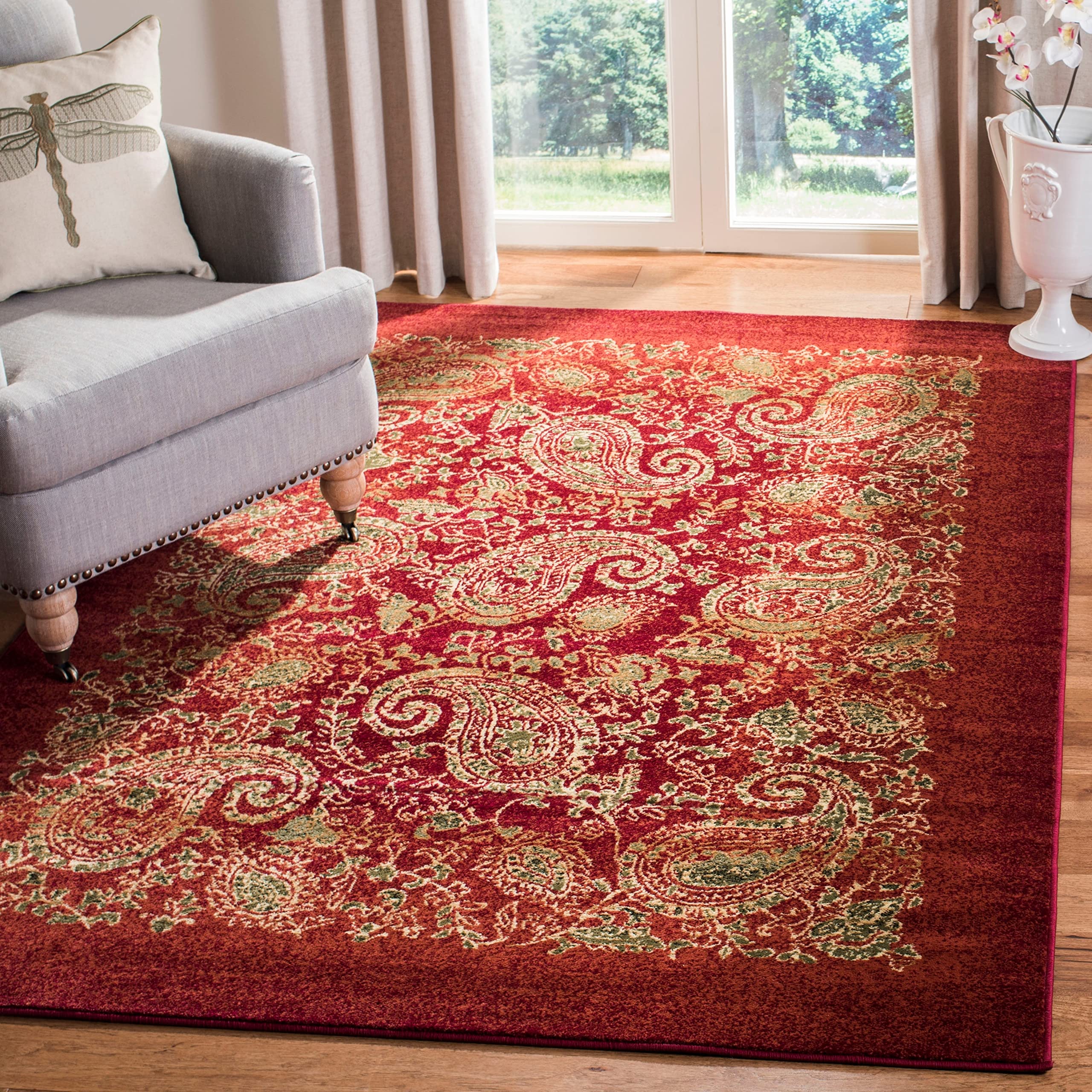 SAFAVIEH Lyndhurst Collection 8' Round Beige & Multi Traditional Paisley Area Rug - Non-Shedding, Stain Resistant for Dining Room, Living Room, Bedroom, Entryway & Foyer Decor