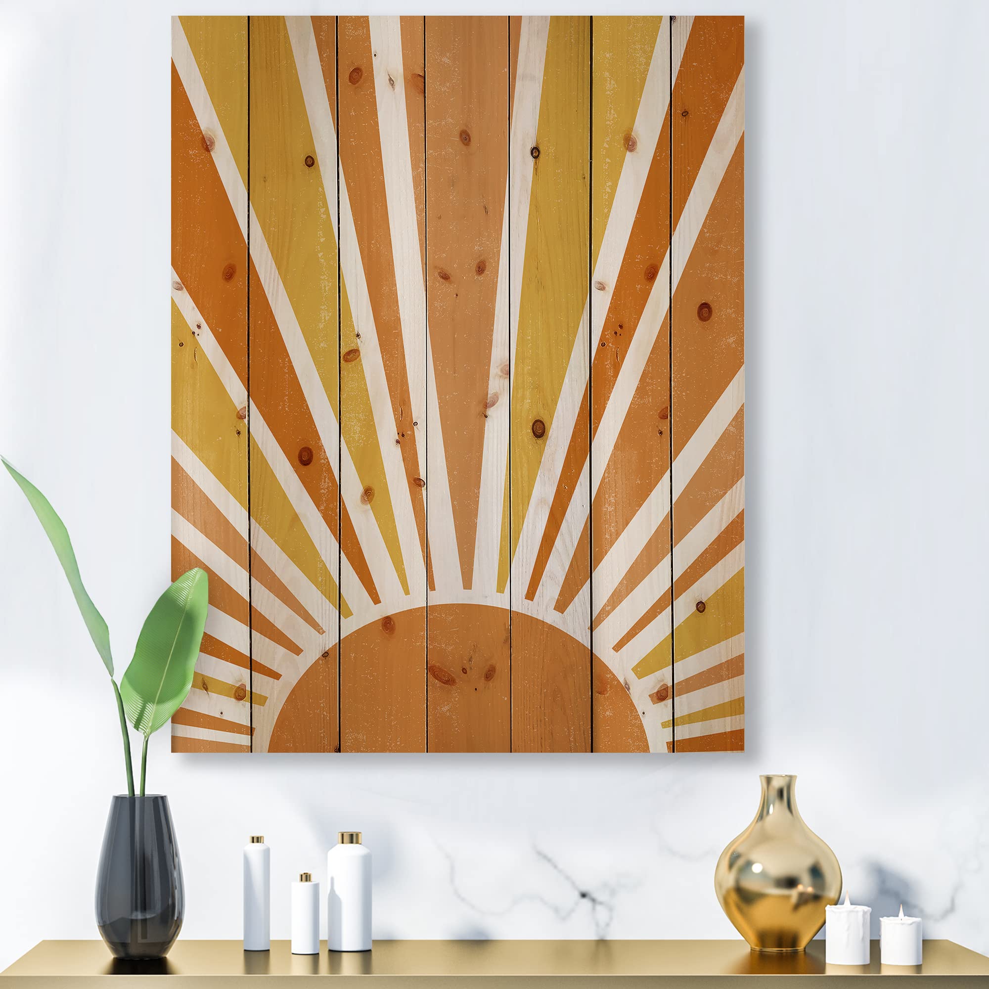 Minimalist Bright Orange Sun Rays Wood Wall Art - Modern Abstract Pine Wood Decor for Living Room, Bedroom & Office - Large Contemporary Wood Panels Printed on Natural Pine