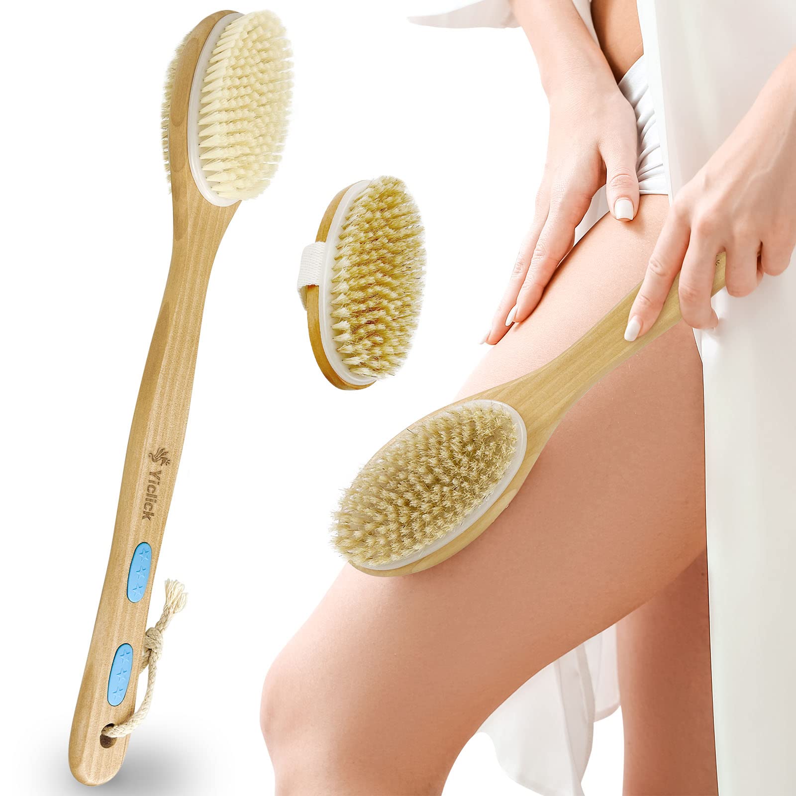 Yiclick Dry Body Brush with Long Handle - Exfoliating Back Scrubber for Shower, Soft & Stiff Bristles Body Brush for Men & Women - Perfect for Dry Brushing & Deep Cleansing in Bath or Shower