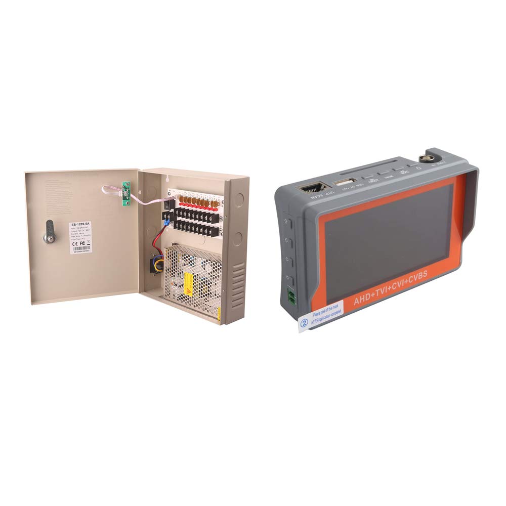 12V 5A 9CH CCTV Power Supply & 4-in-1 AHD/TVI/CVI/CVBS Camera Tester Kit - Professional Security System Testing Equipment for Surveillance Installation & Maintenance