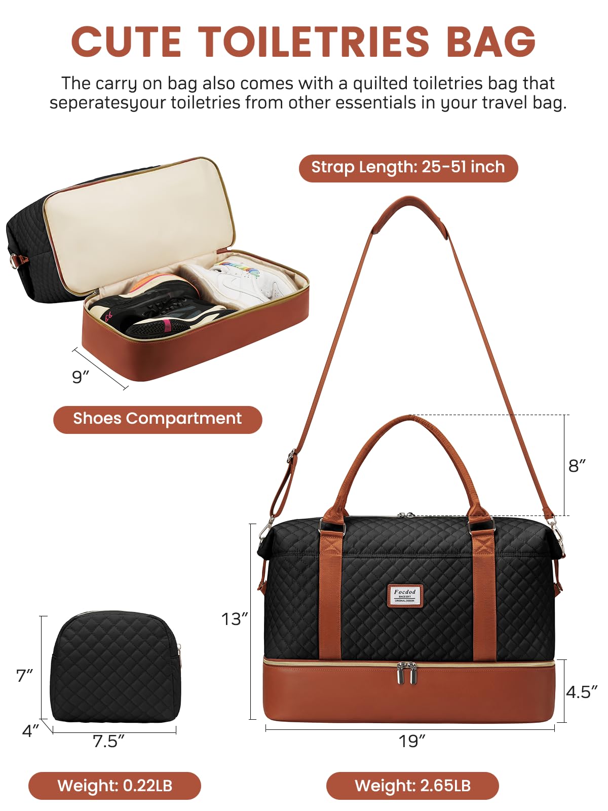 Women's Travel Weekender Duffle Bag with Shoe Compartment & Wet Pocket - Large Carry-On Overnight Bag with Toiletry Organizer - Perfect for Weekend Getaways, Hospital Visits, and Labor Delivery (Black/Brown)