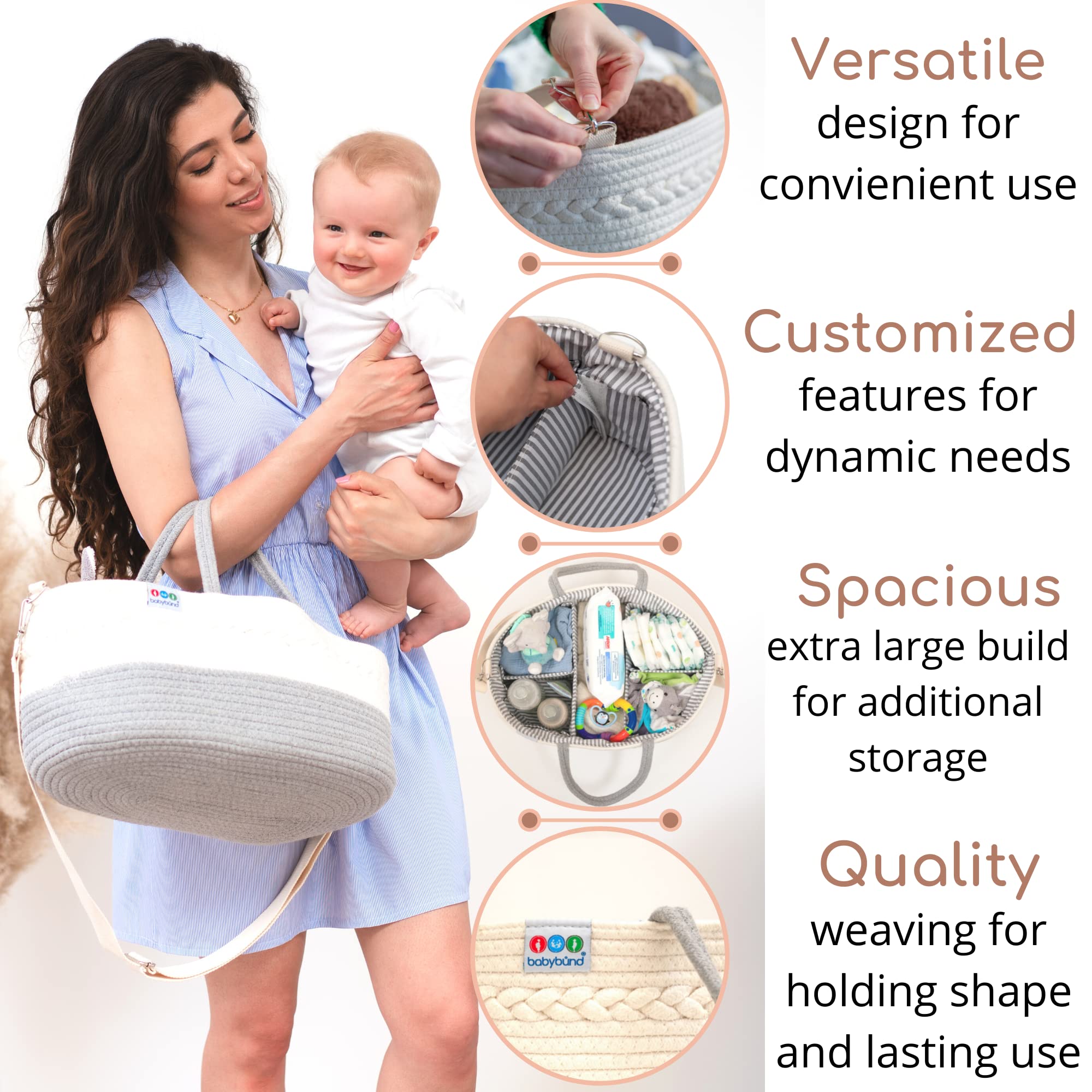 Extra Large Baby Diaper Caddy Organizer - Portable Rope Diaper Storage Basket for Nursery & Changing Table - Baby Essentials Organizer with Multiple Pockets - Perfect for Diapers, Wipes, Toys & Baby Care Items at Home or Travel