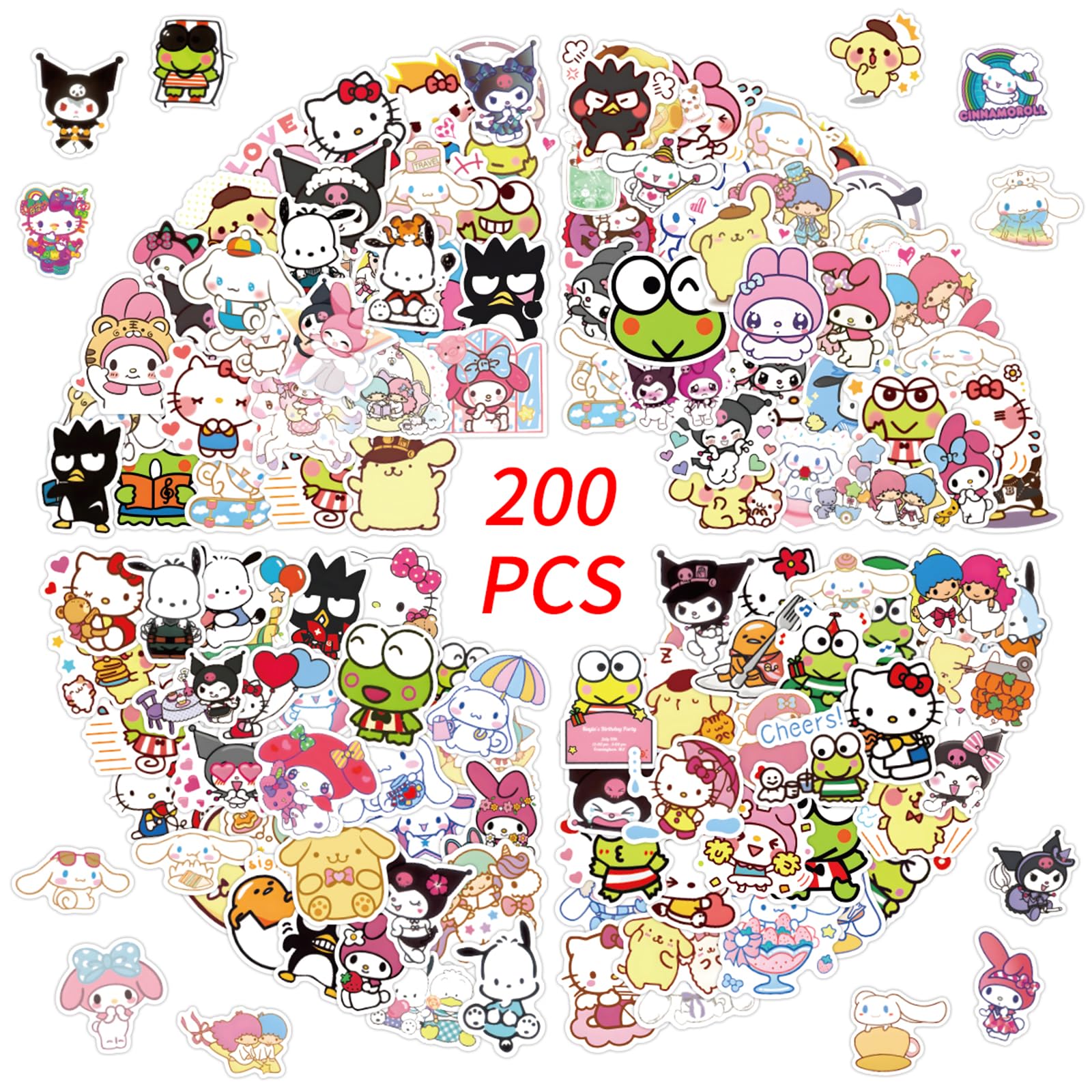 200Pcs Cute Sanrio Stickers - My Melody, Kuromi, Hello Kitty, Pompompurin, Keroppi & Cinnamoroll - Waterproof Vinyl Decals for Kids & Teens - Perfect for Water Bottles, Laptops, Skateboards, Journals & DIY Crafts (White)