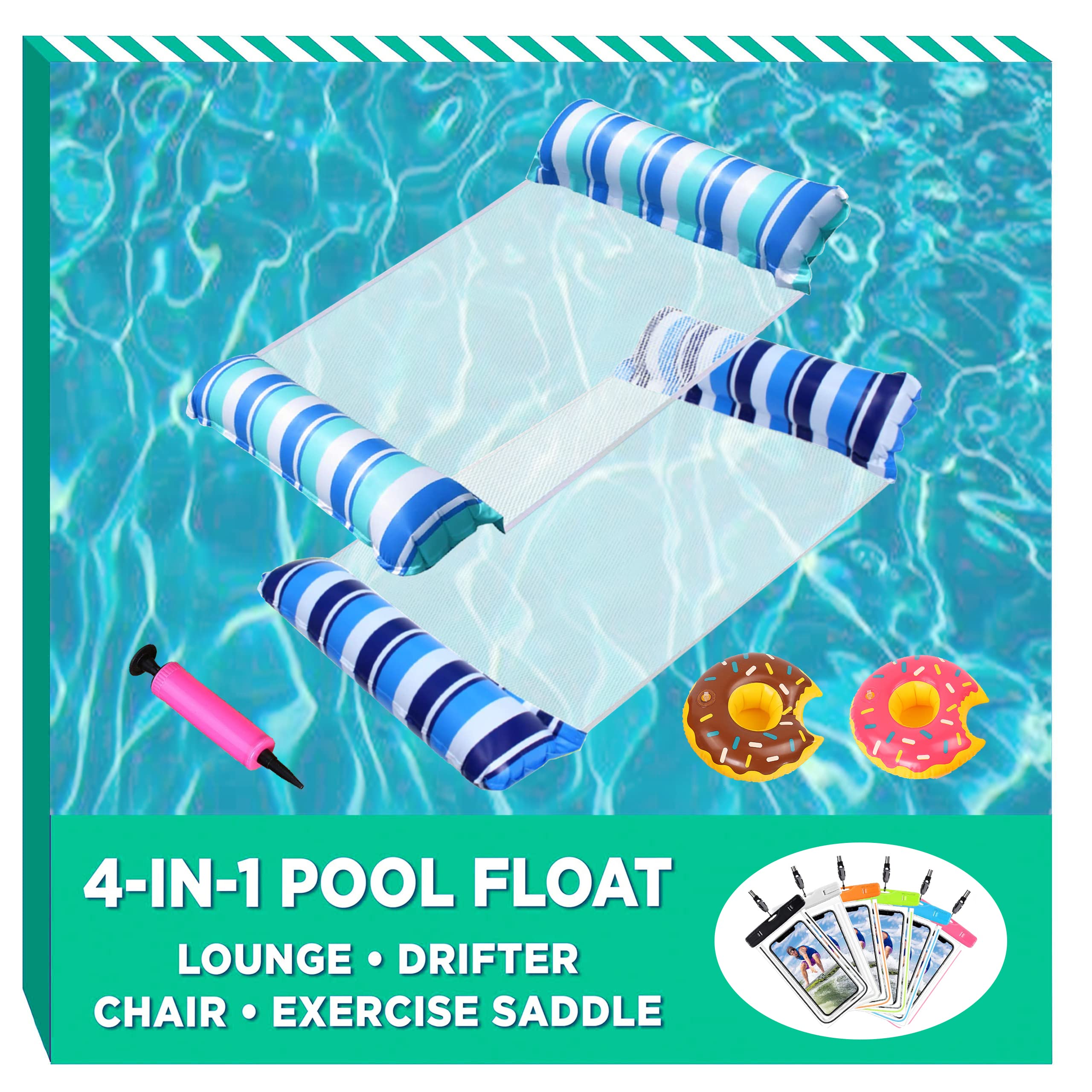 4 Pack Inflatable Pool Floats for Adults - 4-in-1 Multi-Purpose Water Hammock (Lounge Chair, Drifter, Saddle & Hammock) | Portable Summer Swimming Pool Accessories for Relaxation | Perfect for Backyard Pools, Beaches & Lake Vacations