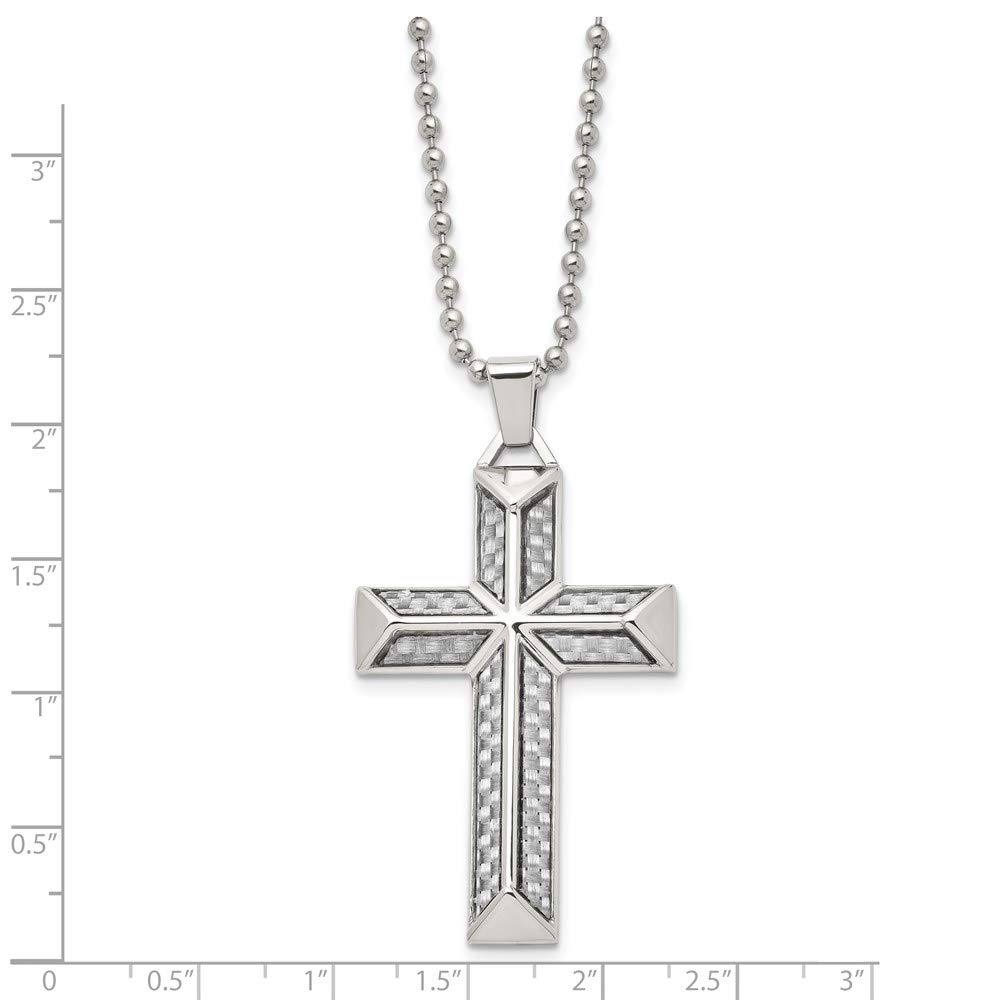 Black Bow Men's Stainless Steel Gray Carbon Fiber Pyramid Cross Necklace - 24 Inch Chain for Everyday Wear & Gifts