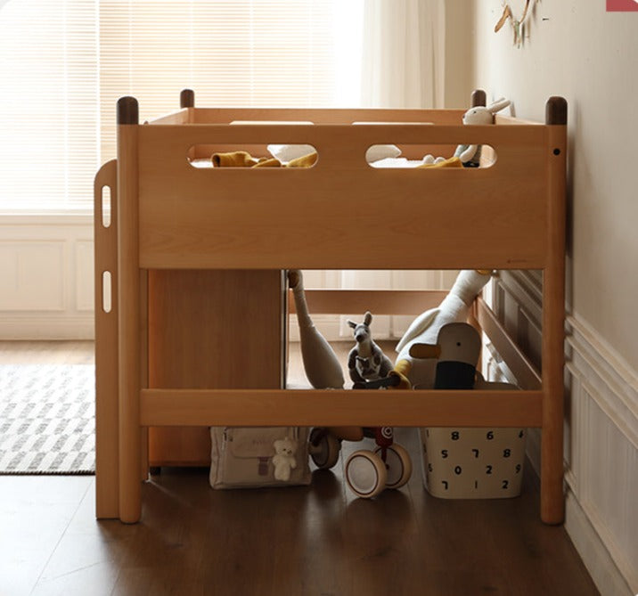 Solid Oak Wood Mid-High Bed with Slanted Ladder - Sturdy Adult Loft Bed for Small Spaces, Dorm Rooms & Modern Apartments