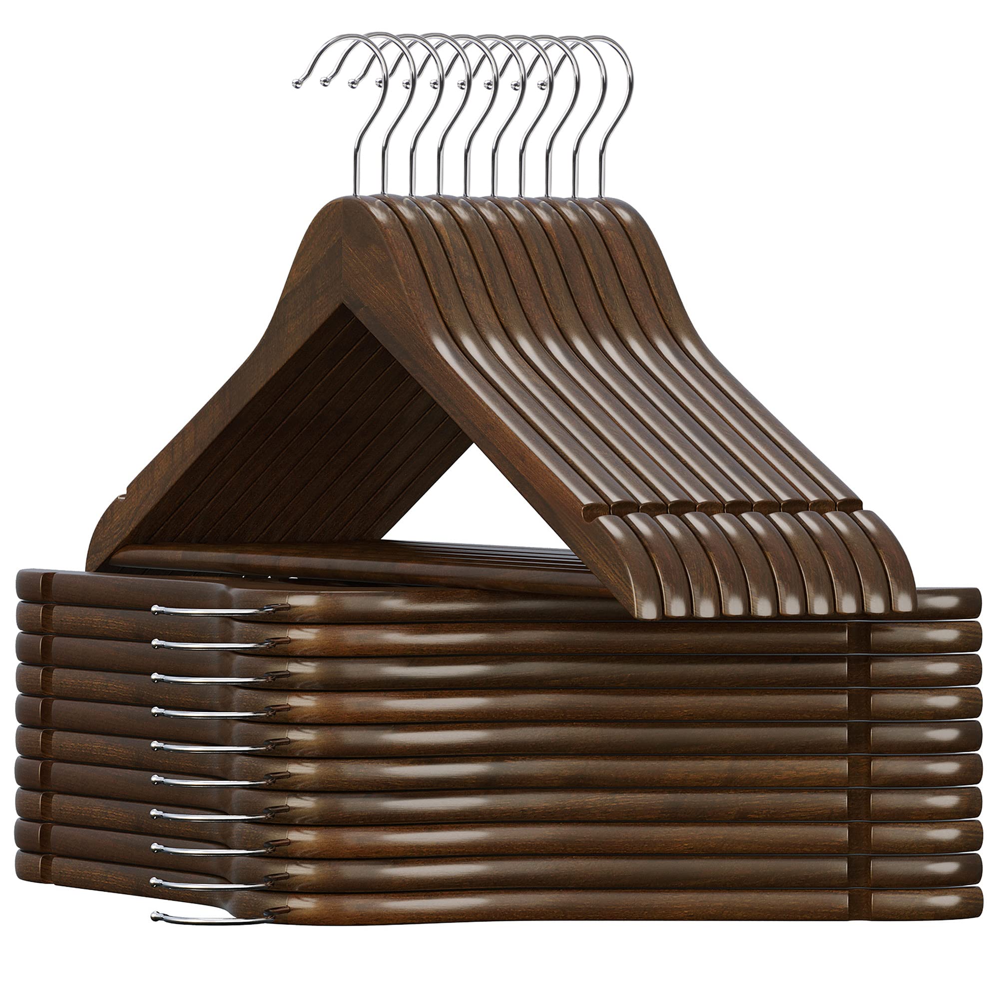 SONGMICS 20-Pack Wooden Hangers with Shoulder Notches & Swivel Hook - Non-Slip Dark Walnut & Silver Coat Hangers for Jackets, Shirts, Suits - Perfect for Closet Organization & Wardrobe Storage